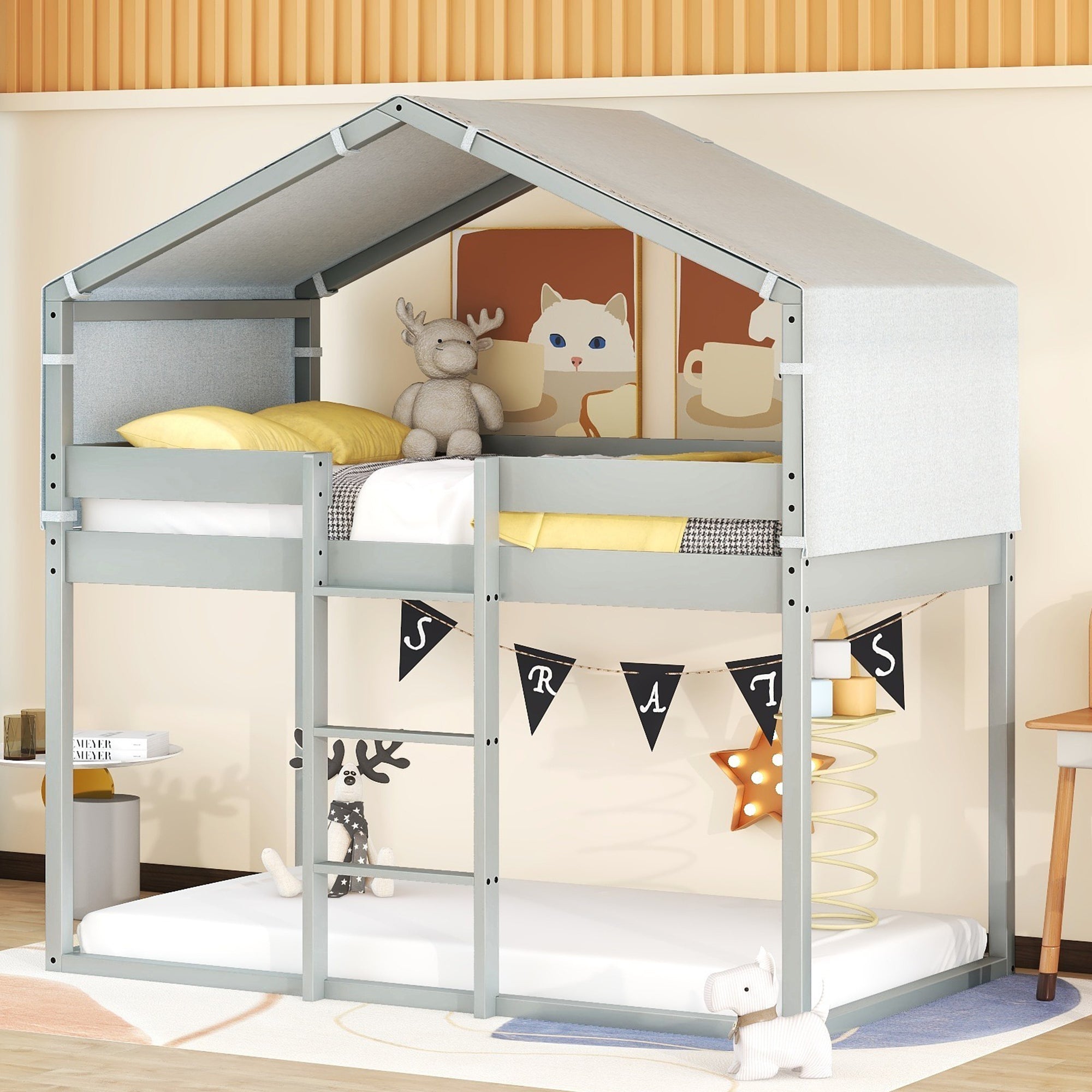 Twin Over Twin Bunk Bed Wood Bed with Tent, Gray - Atlantic Fine Furniture Melbourne FL