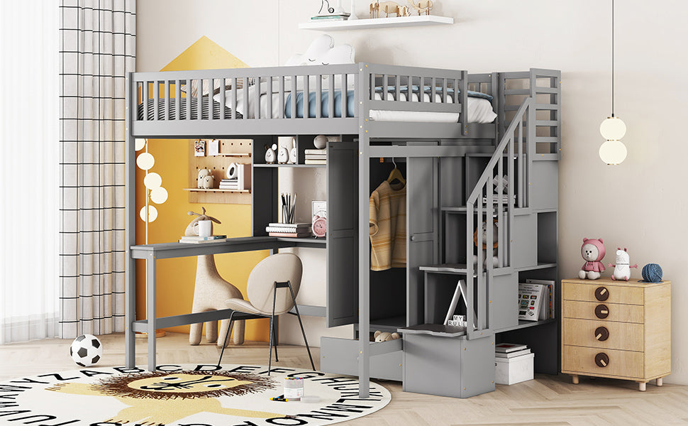 Full size Loft Bed with Bookshelf,Drawers,Desk,and Wardrobe-Gray - Atlantic Fine Furniture Melbourne FL