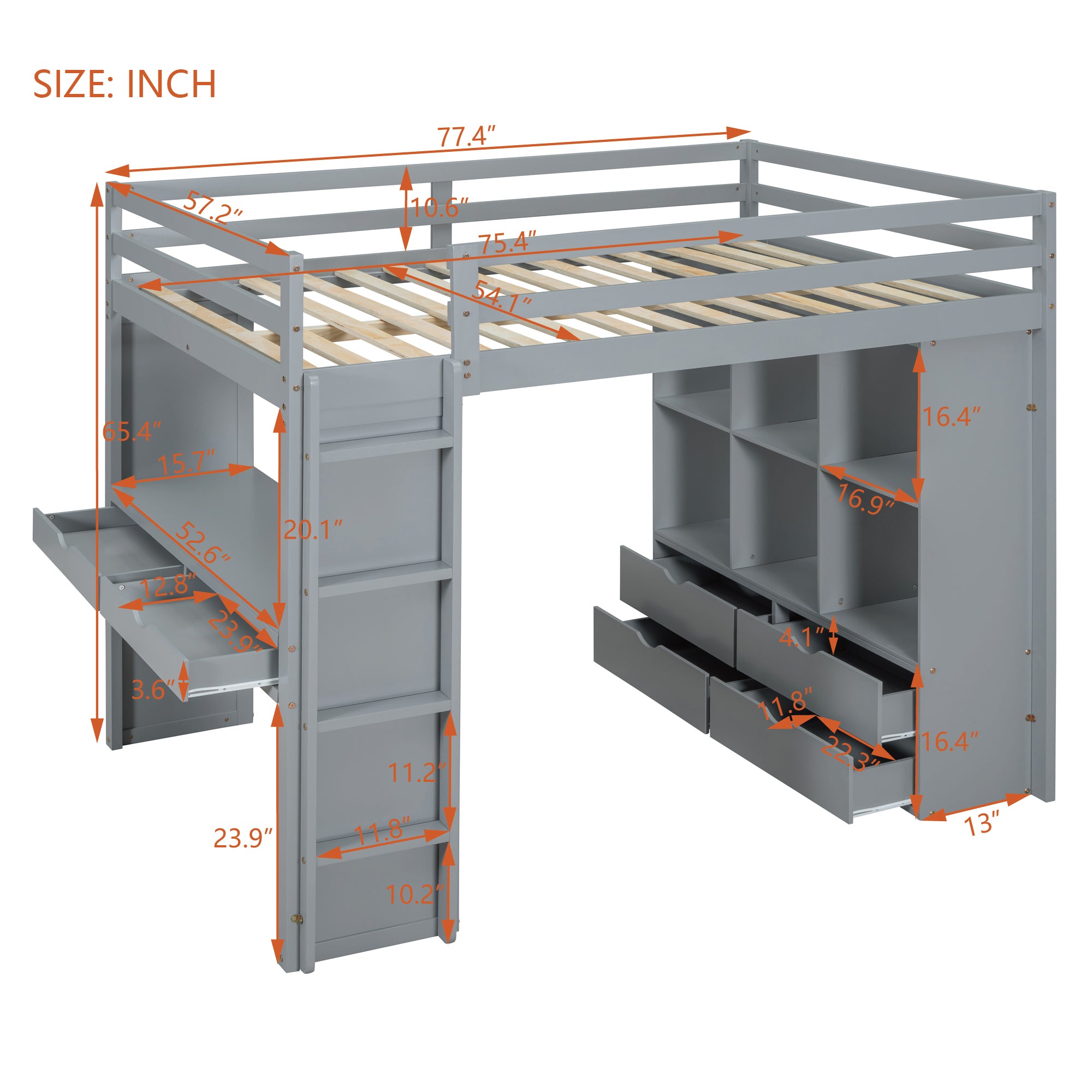 Full Size Loft Bed with large shelves, writing desk and LED Light, Gray - Atlantic Fine Furniture Melbourne FL
