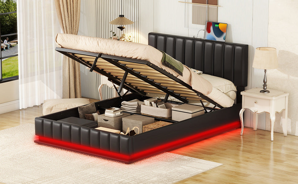Full Size Upholstered Bed with Hydraulic Storage System and LED Light, Modern Platform Bed with Sockets and USB Ports, Black - Atlantic Fine Furniture Melbourne FL