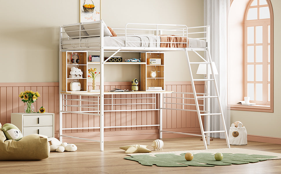Full Size Loft Bed with Desk and Shelf, Loft Bed with Ladder,Full,White - Atlantic Fine Furniture Melbourne FL