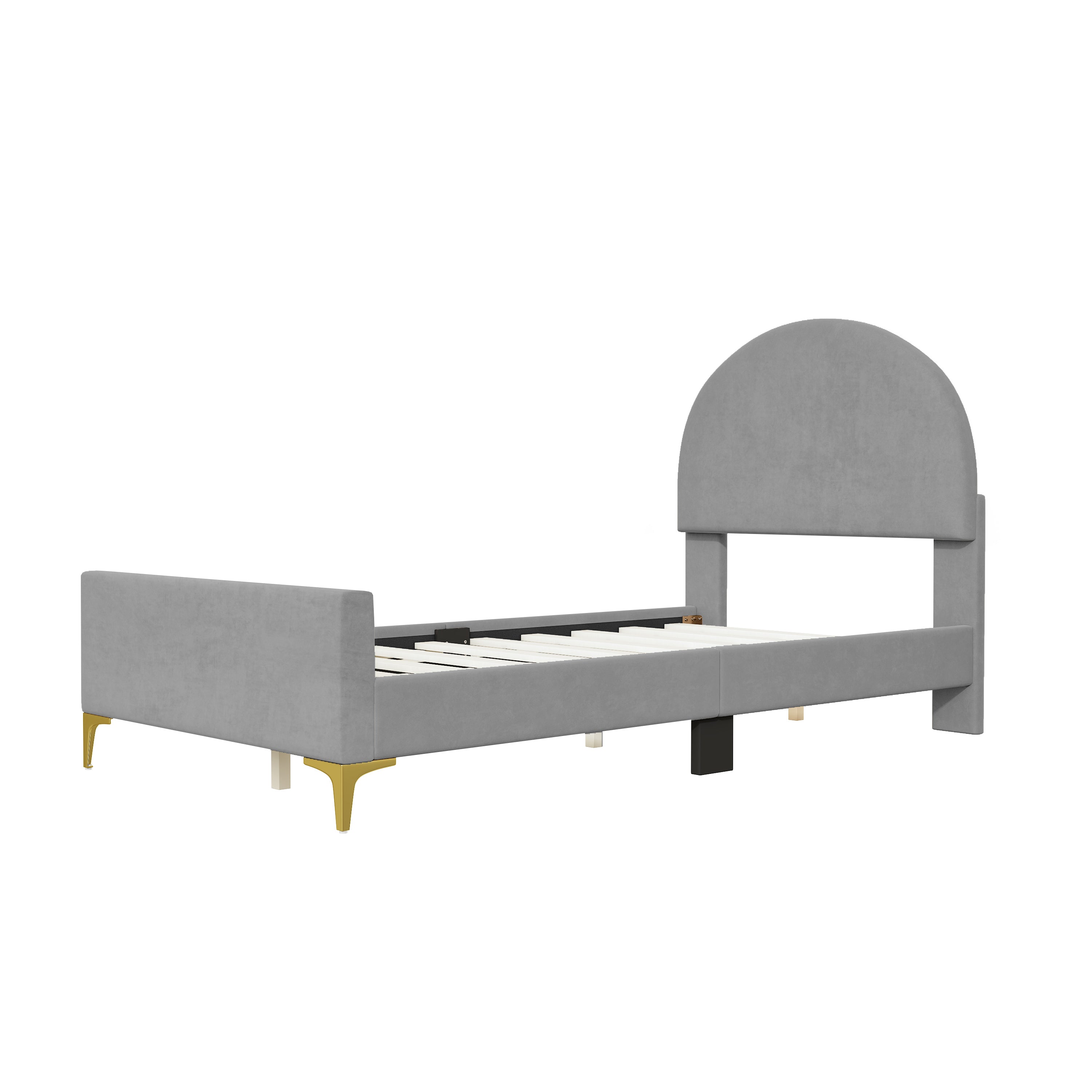 Twin Size Upholstered Platform Bed with Classic Semi-circle Shaped headboard and Mental Legs, Velvet, Gray - Atlantic Fine Furniture Melbourne FL