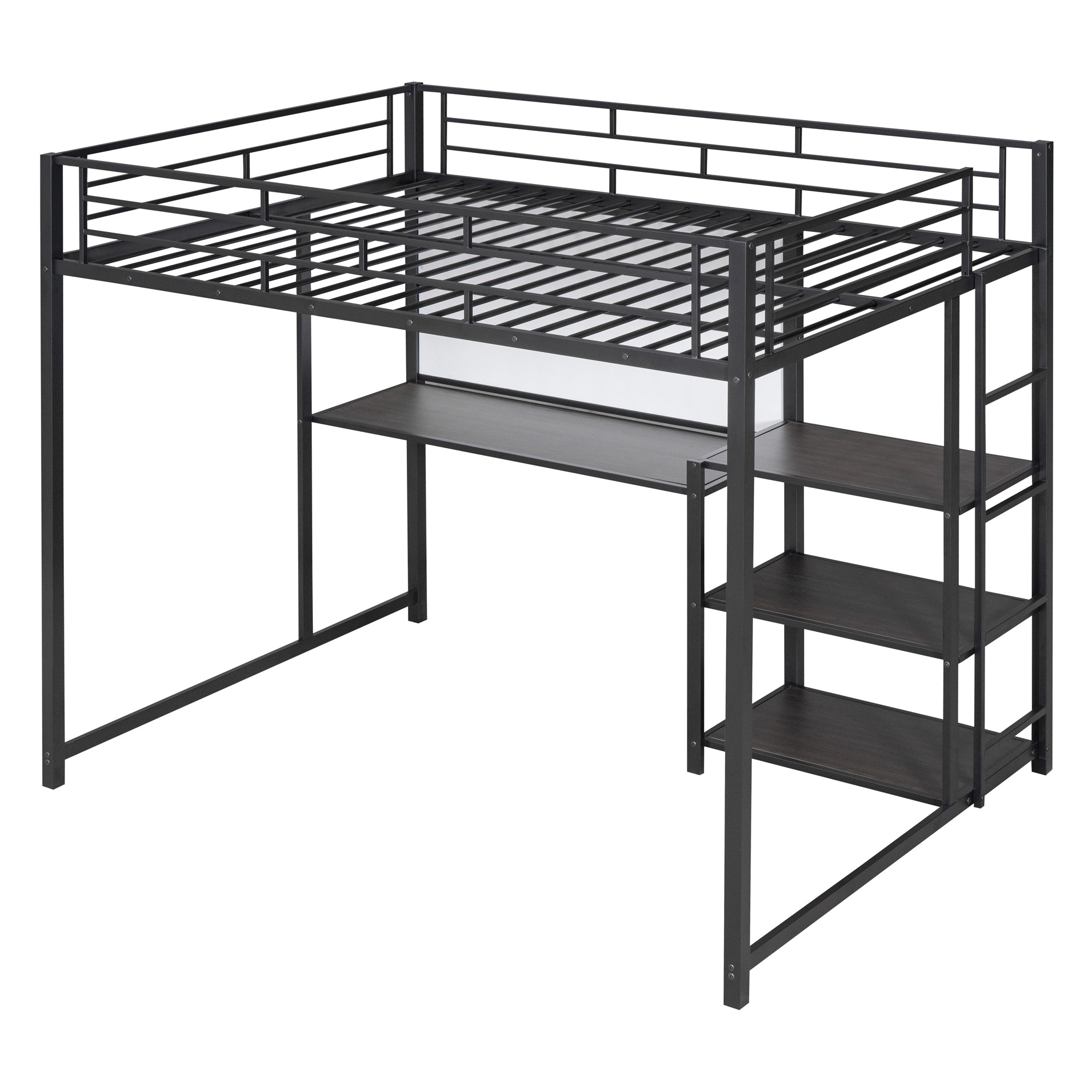Full Size Loft Bed with Desk and Whiteboard, Metal Loft Bed with 3 Shelves and Ladder, Black - Atlantic Fine Furniture Melbourne FL