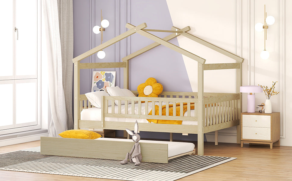 Full Size Wooden House Bed with Twin Size Trundle, Natural - Atlantic Fine Furniture Melbourne FL