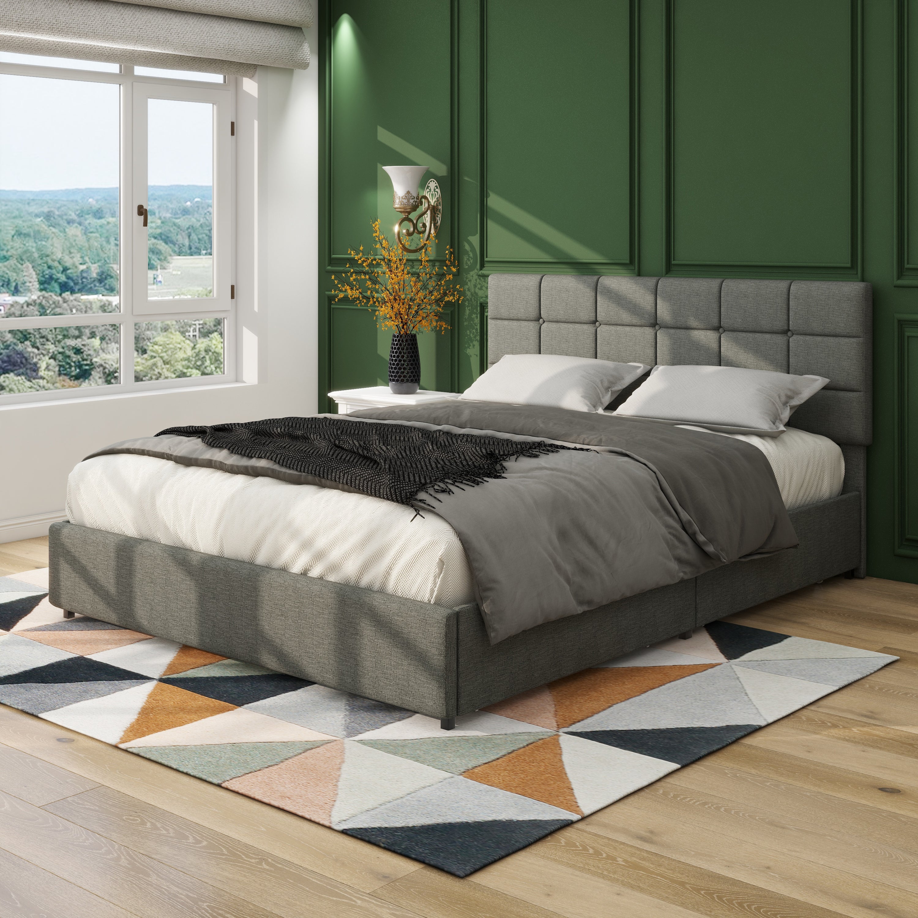 Vera Full Size Gray Linen Upholstered Platform Bed with Patented 4 Drawers Storage, Square Stitched Button Tufted Headboard, Wooden Slat Mattress Support No Box Spring Required - Atlantic Fine Furniture Melbourne FL