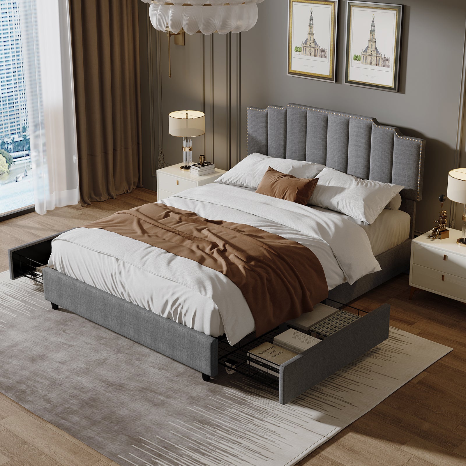 Queen Size Upholstered Platform Bed Linen Bed Frame with 2 Drawers Stitched Padded Headboard with Rivets Design Strong Bed Slats System No Box Spring Needed Grey - Atlantic Fine Furniture Melbourne FL