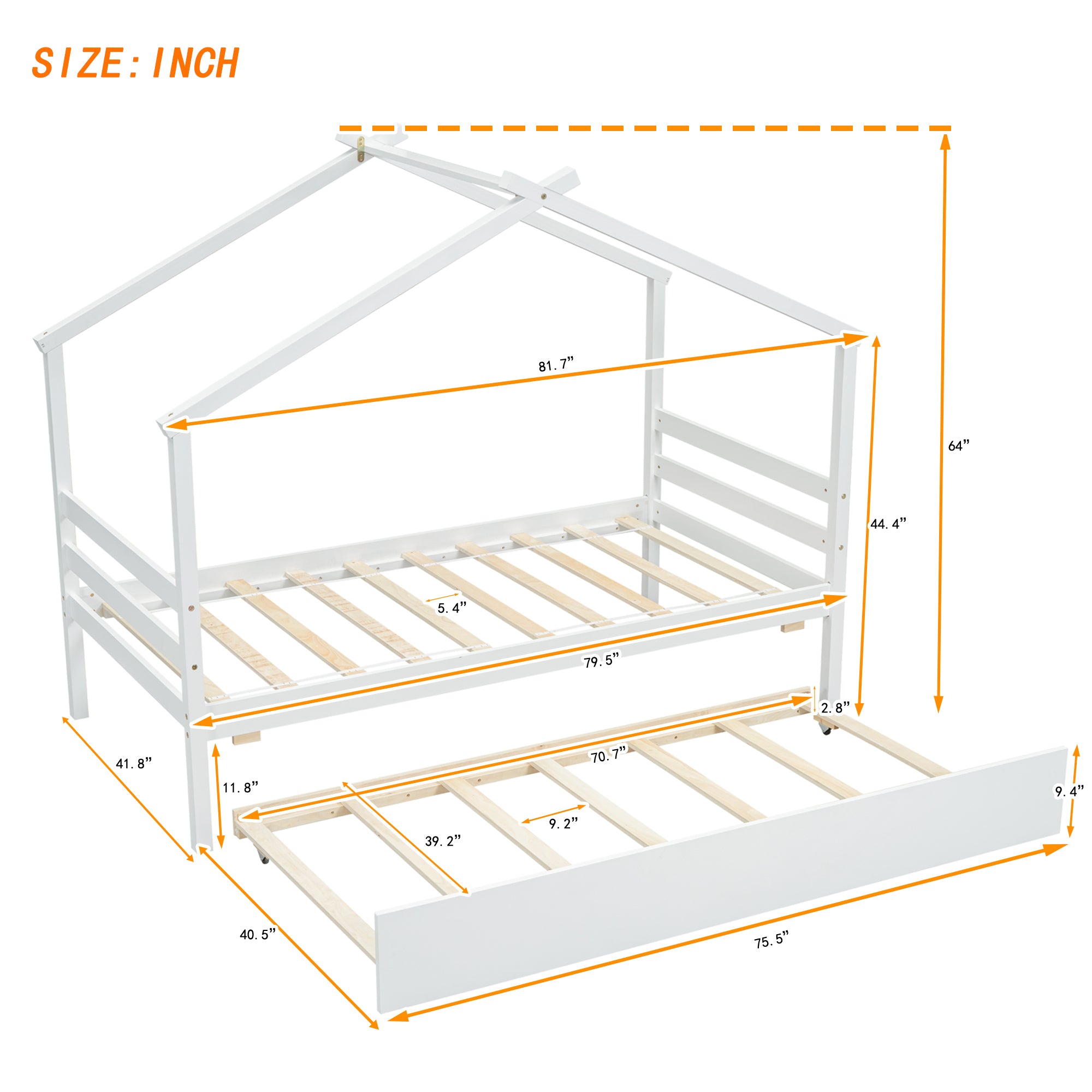 Twin Size House-shaped Bed with Trundle,White