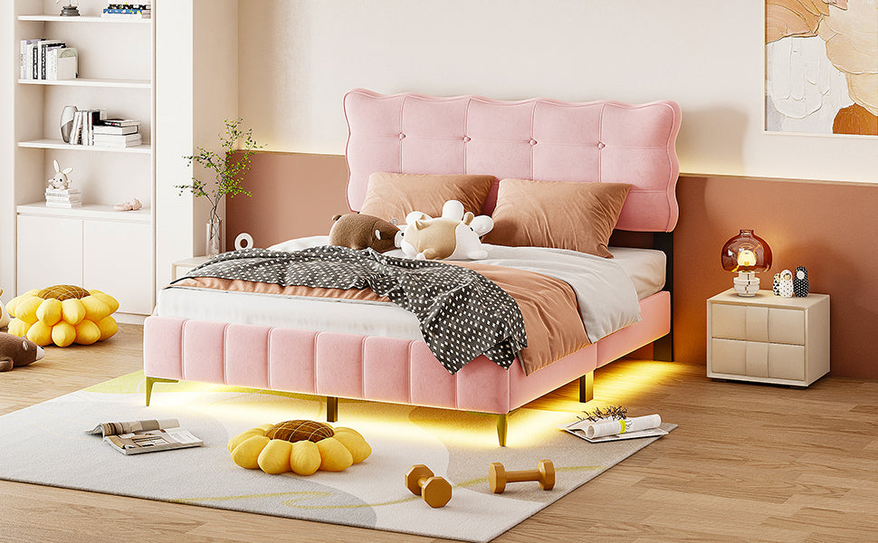 Queen Size Velvet Platform Bed with LED Frame and Stylish Mental Bed Legs, Pink - Atlantic Fine Furniture Melbourne FL