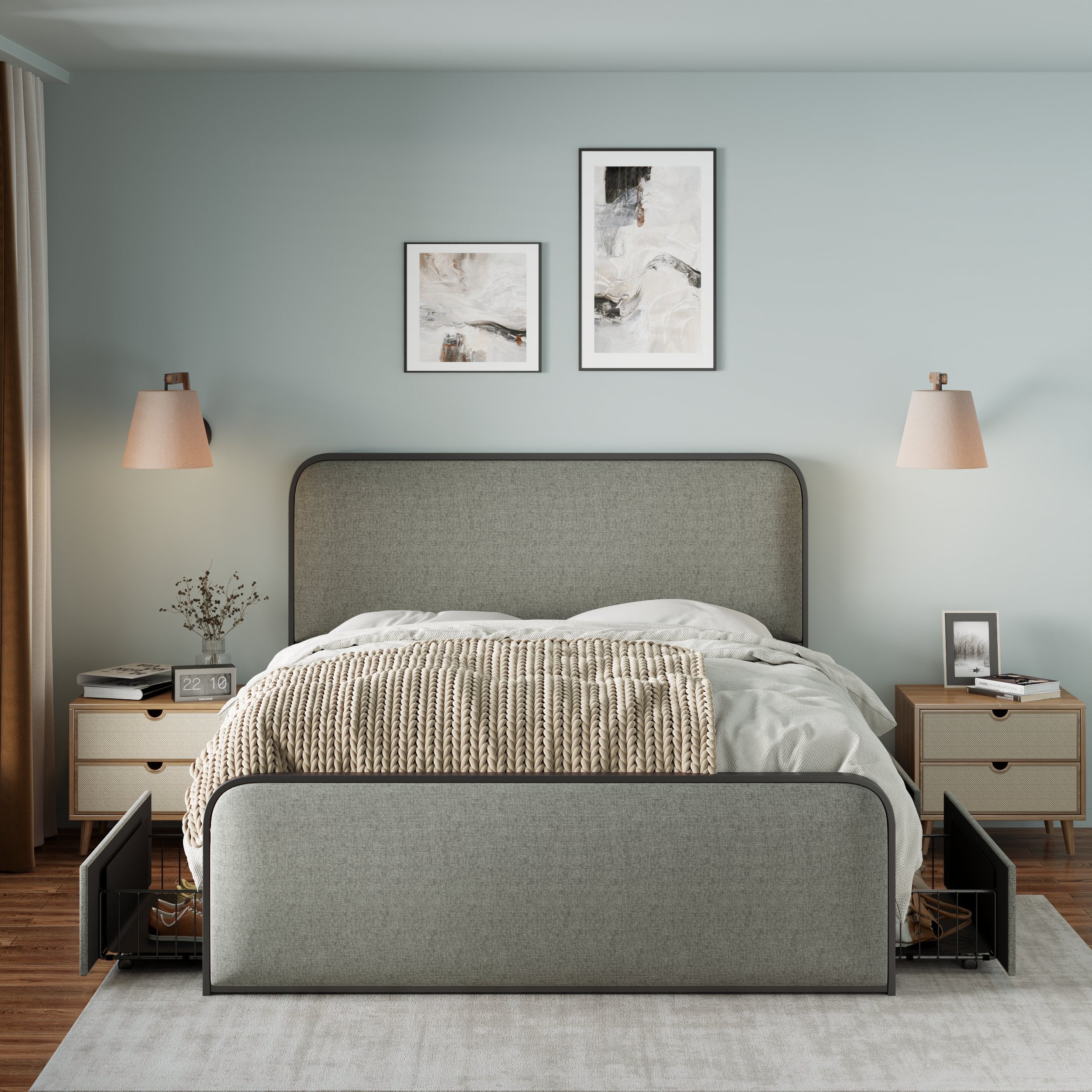 Modern Metal Bed Frame with Curved Upholstered Headboard and Footboard Bed with 4 Storage Drawers, Heavy Duty Metal Slats, Full Size, Grey - Atlantic Fine Furniture Melbourne FL