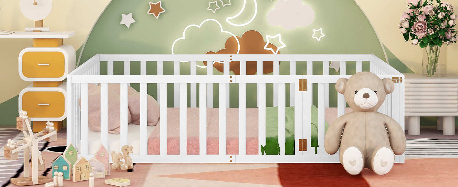 Queen Size Wood Floor Bed Frame with Fence and Door, White(OLD SKU:WF289663AAK)