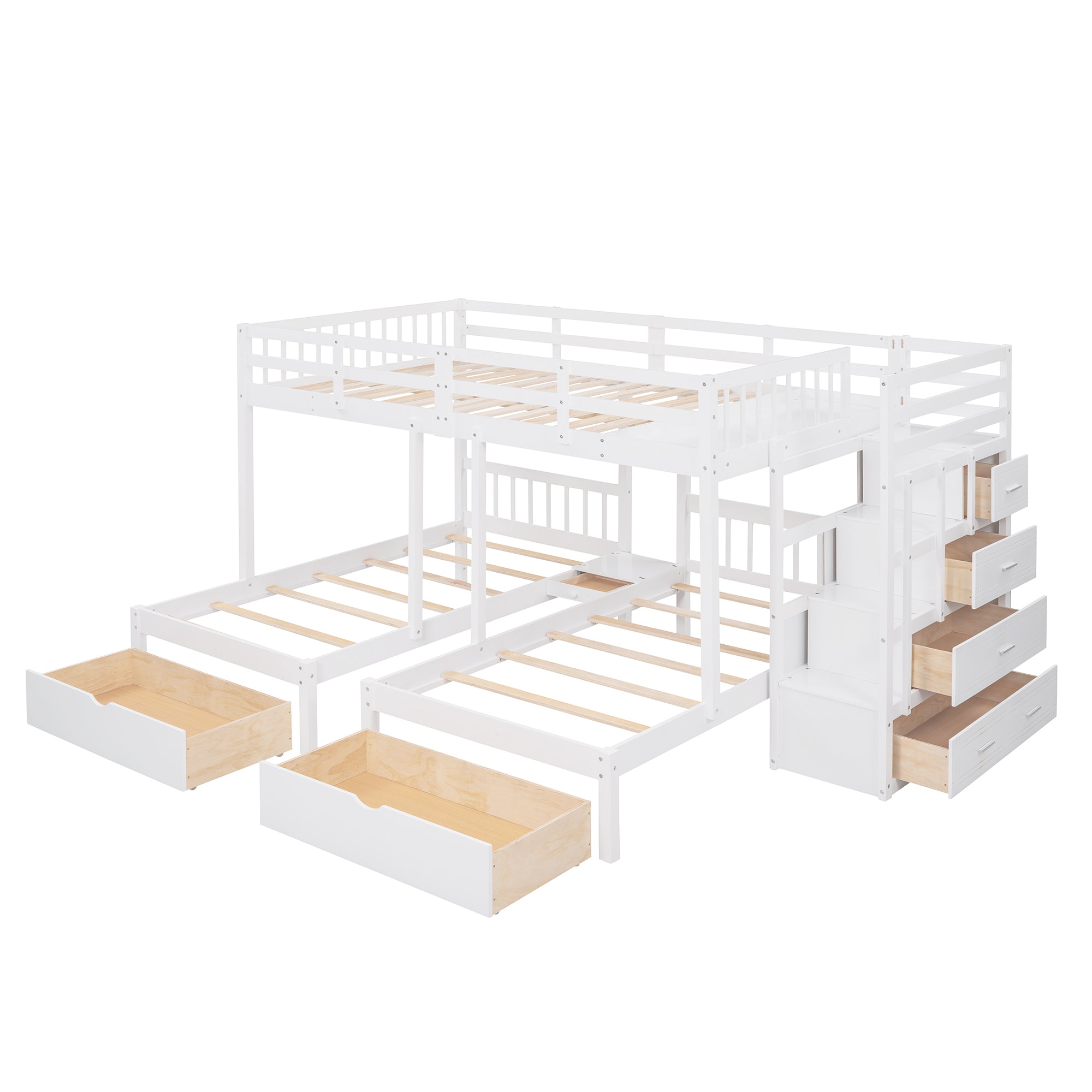 Full Over Twin & Twin Bunk Bed, Wood Triple Bunk Bed with Drawers and Guardrails (White) - Atlantic Fine Furniture Melbourne FL