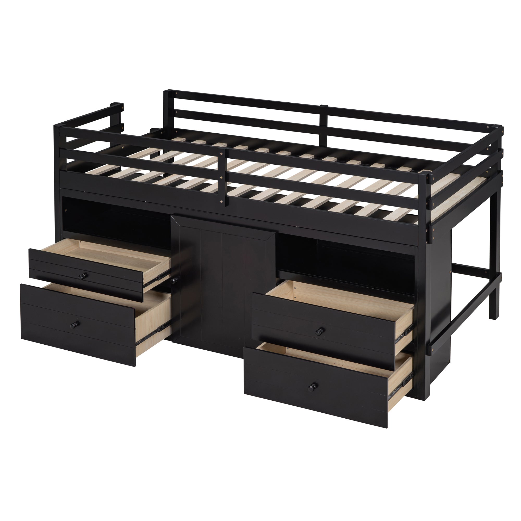 Twin Size Loft Bed with 4 Drawers, Underneath Cabinet and Shelves, Espresso - Atlantic Fine Furniture Melbourne FL