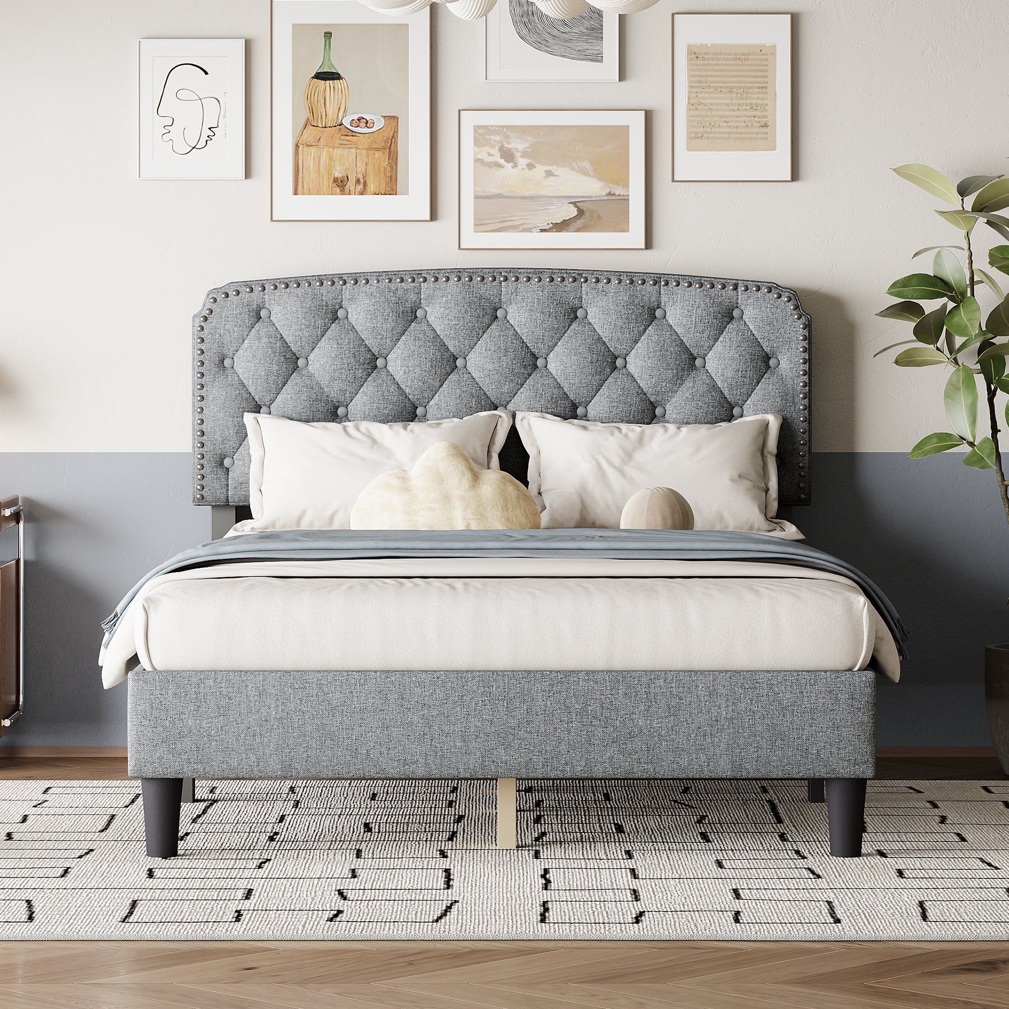 Full size Adjustable Headboard with Fine Linen Upholstery and Button Tufting for Bedroom, Wave Top Light Gray
