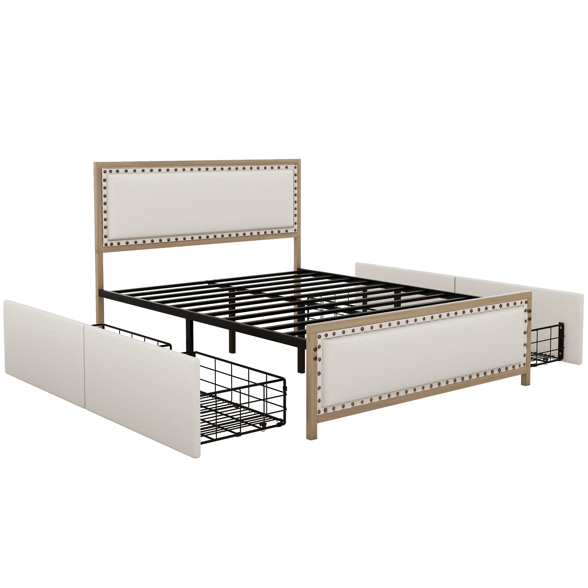 Queen Size Upholstered Platform Bed with Nailhead Decoration and 4 Drawers, Brown - Atlantic Fine Furniture Melbourne FL