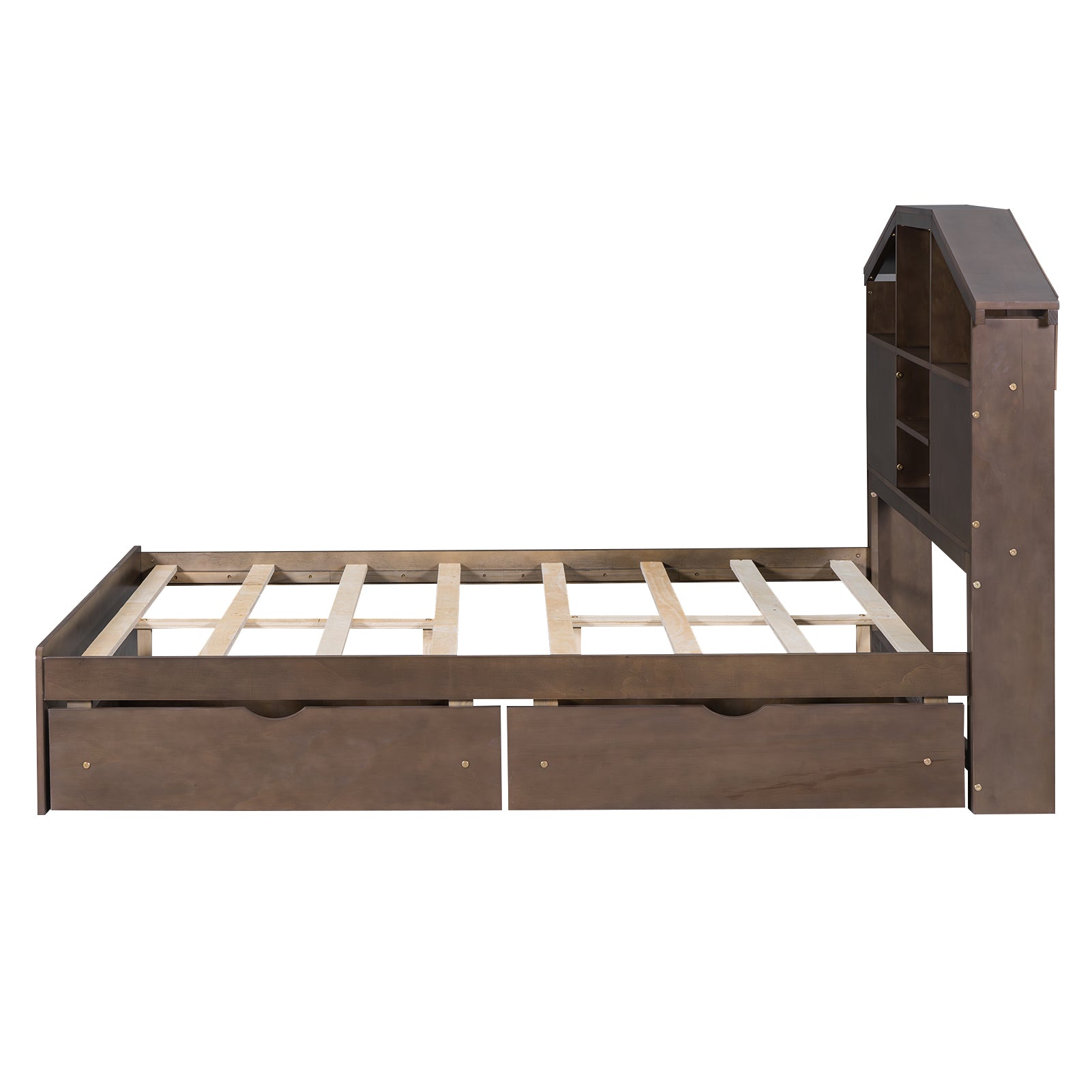Full Size Wood Platform Bed with House-shaped Storage Headboard and 2 Drawers, Walnut - Atlantic Fine Furniture Melbourne FL