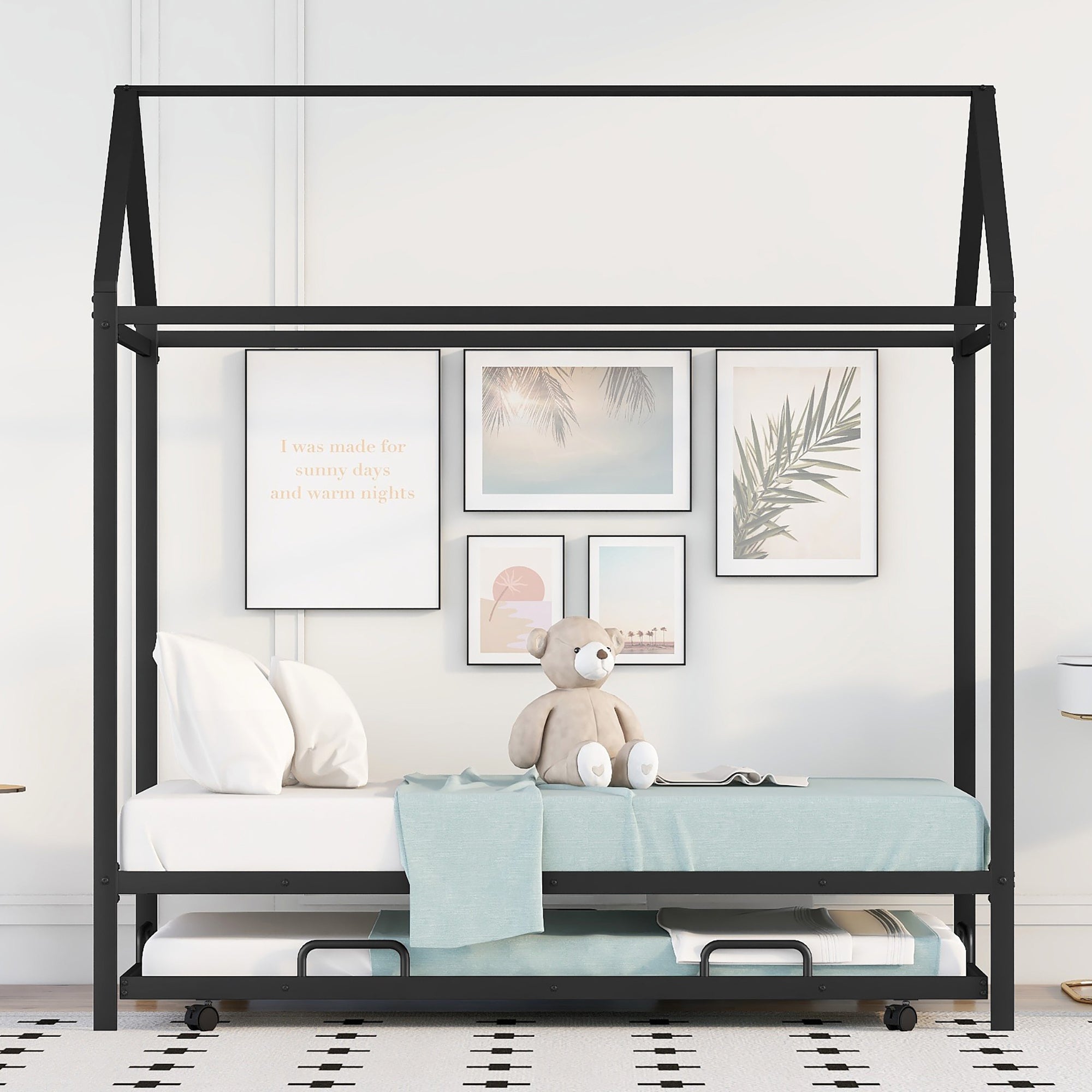 Twin Size Kids House Bed With Trundle, Metal House Bed Black - Atlantic Fine Furniture Melbourne FL