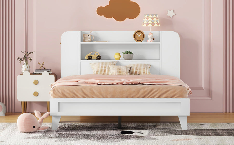 Full Size Platform Bed with Storage Headboard,Multiple Storage Shelves on Both Sides,White - Atlantic Fine Furniture Melbourne FL