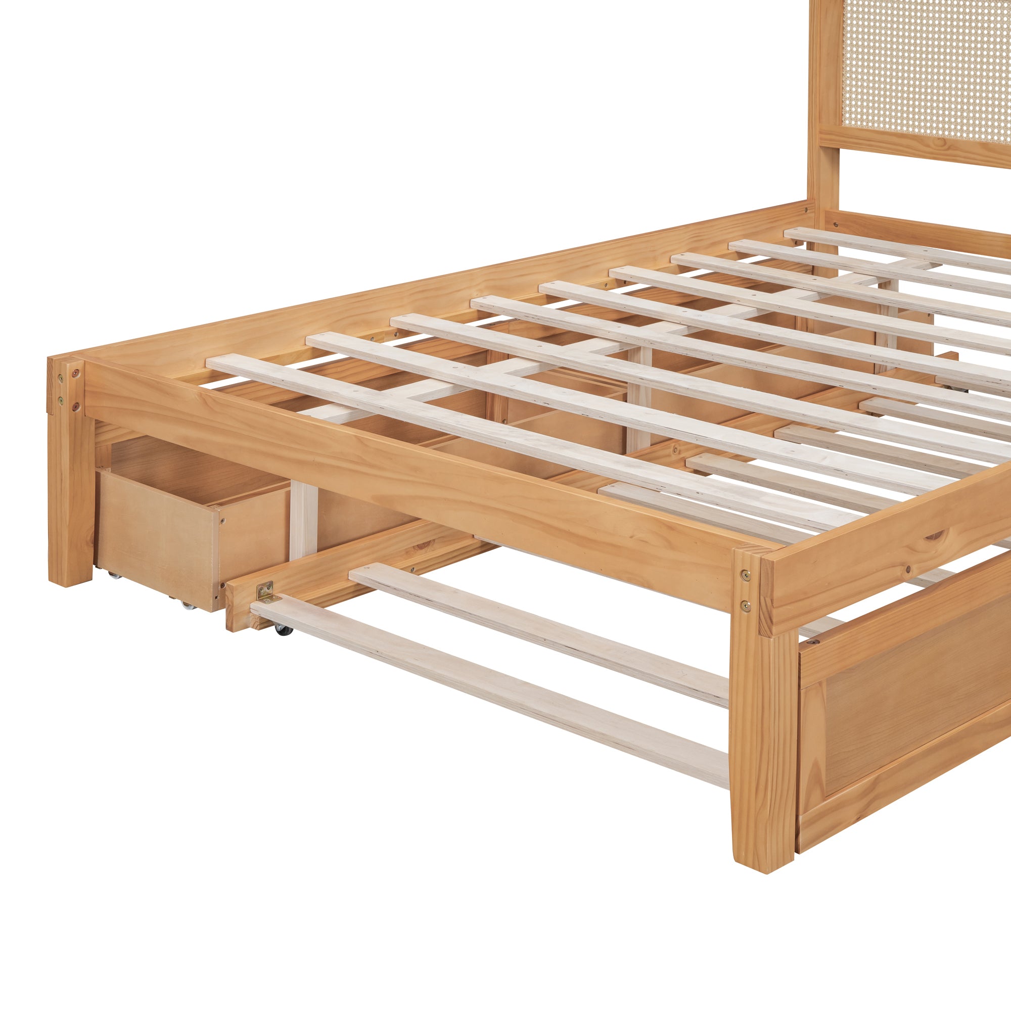 Full Size Elegant Bed Frame with Rattan Headboard and Sockets ,Walnut - Atlantic Fine Furniture Melbourne FL
