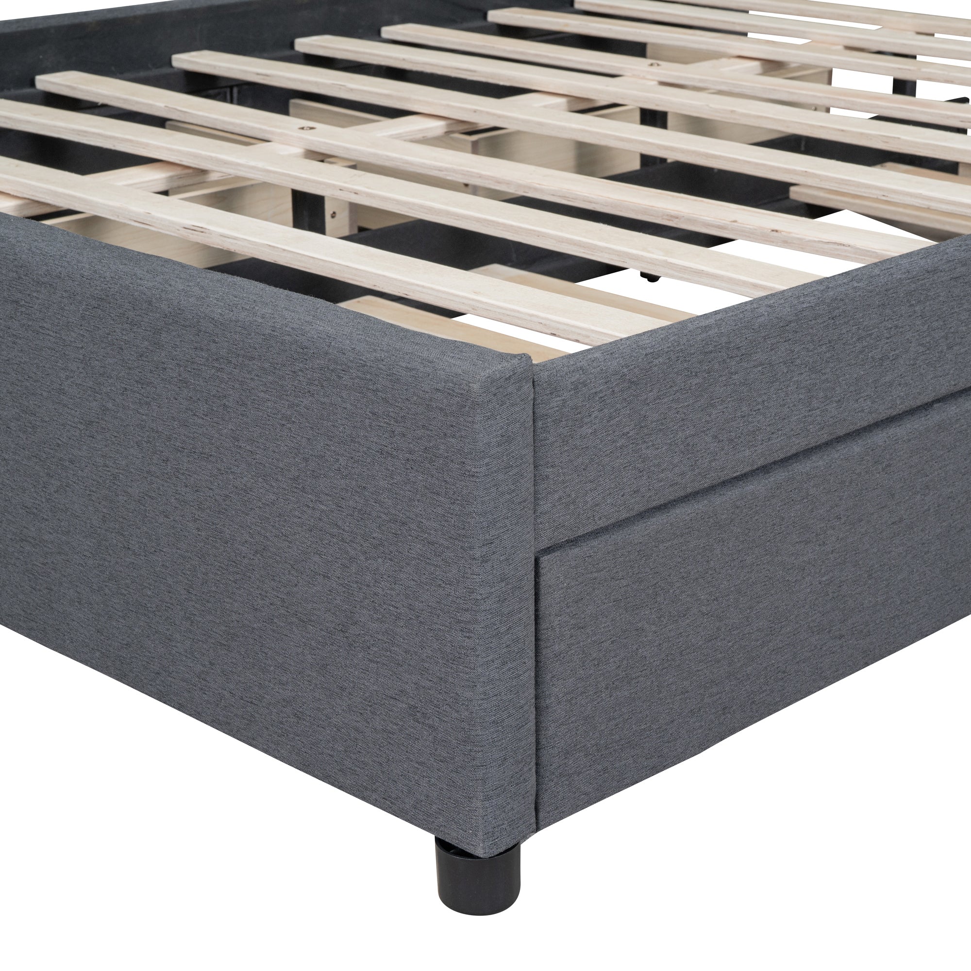 Queen Size Upholstered Platform Bed with 2 Drawers and 1 Twin XL Trundle, Classic Headboard Design, Gray - Atlantic Fine Furniture Melbourne FL