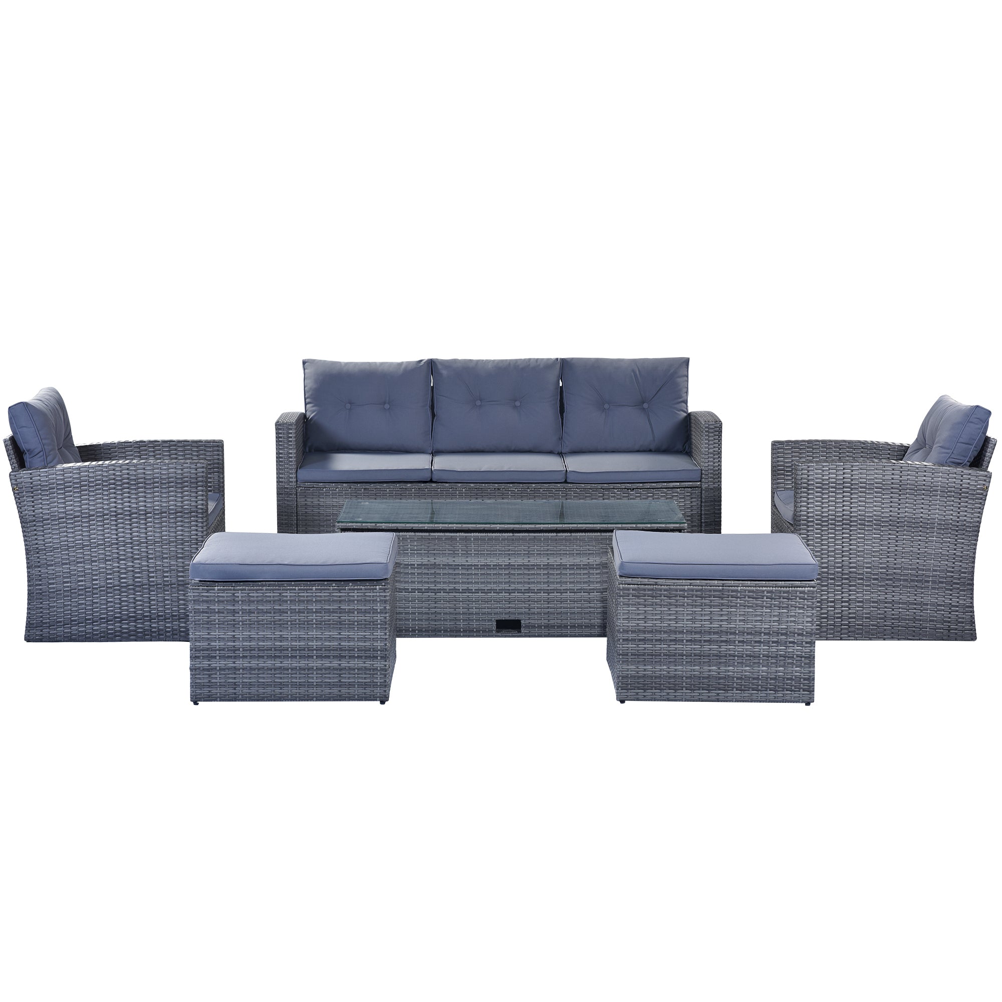 GO 6-piece All-Weather Wicker PE rattan Patio Outdoor Dining Conversation Sectional Set with coffee table, wicker sofas, ottomans, removable cushions (Dark grey wicker, Light grey cushion)