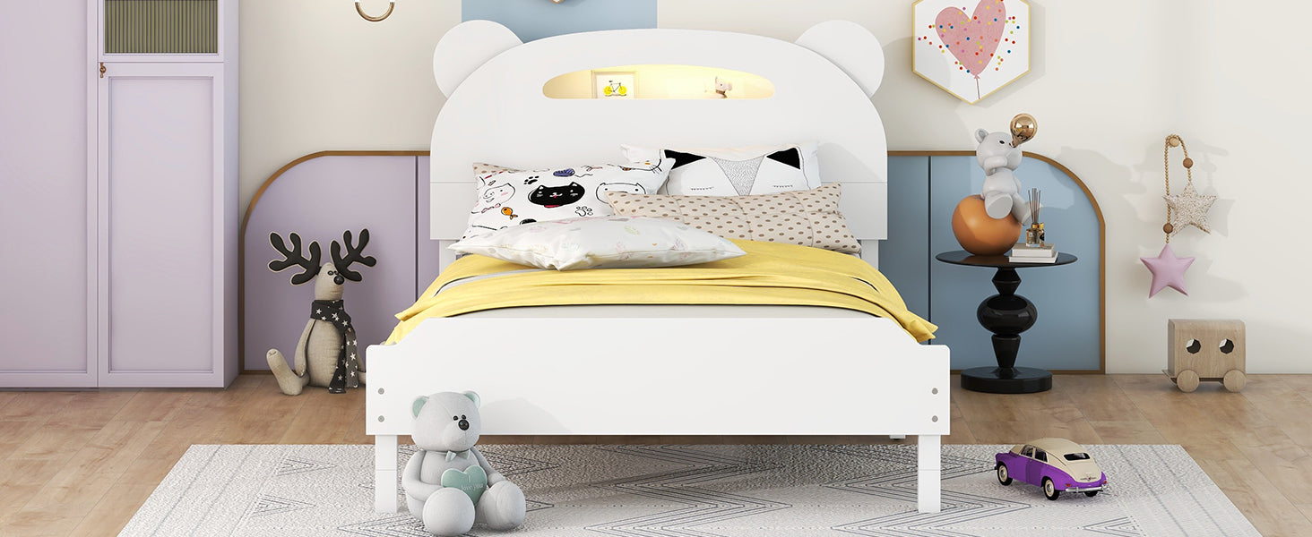 Twin Size Wood Platform Bed with Bear-shaped Headboard,Bed with Motion Activated Night Lights,White - Atlantic Fine Furniture Melbourne FL