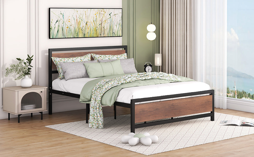 Queen Size Platform Bed, Metal and Wood Bed Frame with Headboard and Footboard , Black - Atlantic Fine Furniture Melbourne FL