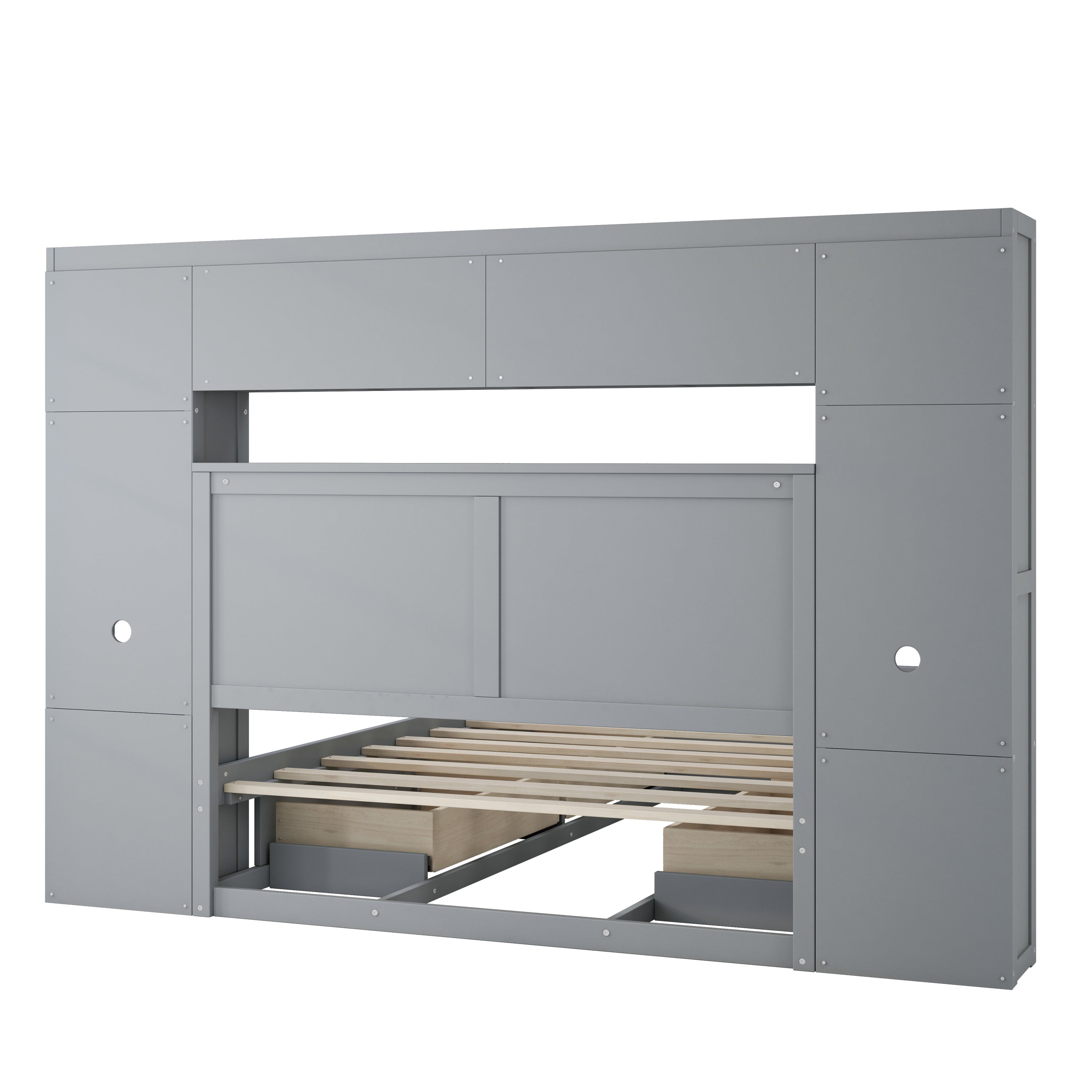 Elegant and Functional Full Size Wood Bed with 4 Drawers and All-in-One Cabinet and Shelf, Grey