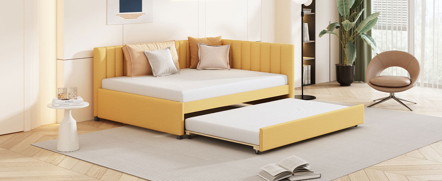 Full Size Upholstered Daybed with Trundle Sofa Bed Frame No Box Spring Needed, Linen Fabric(Yellow) - Atlantic Fine Furniture Melbourne FL