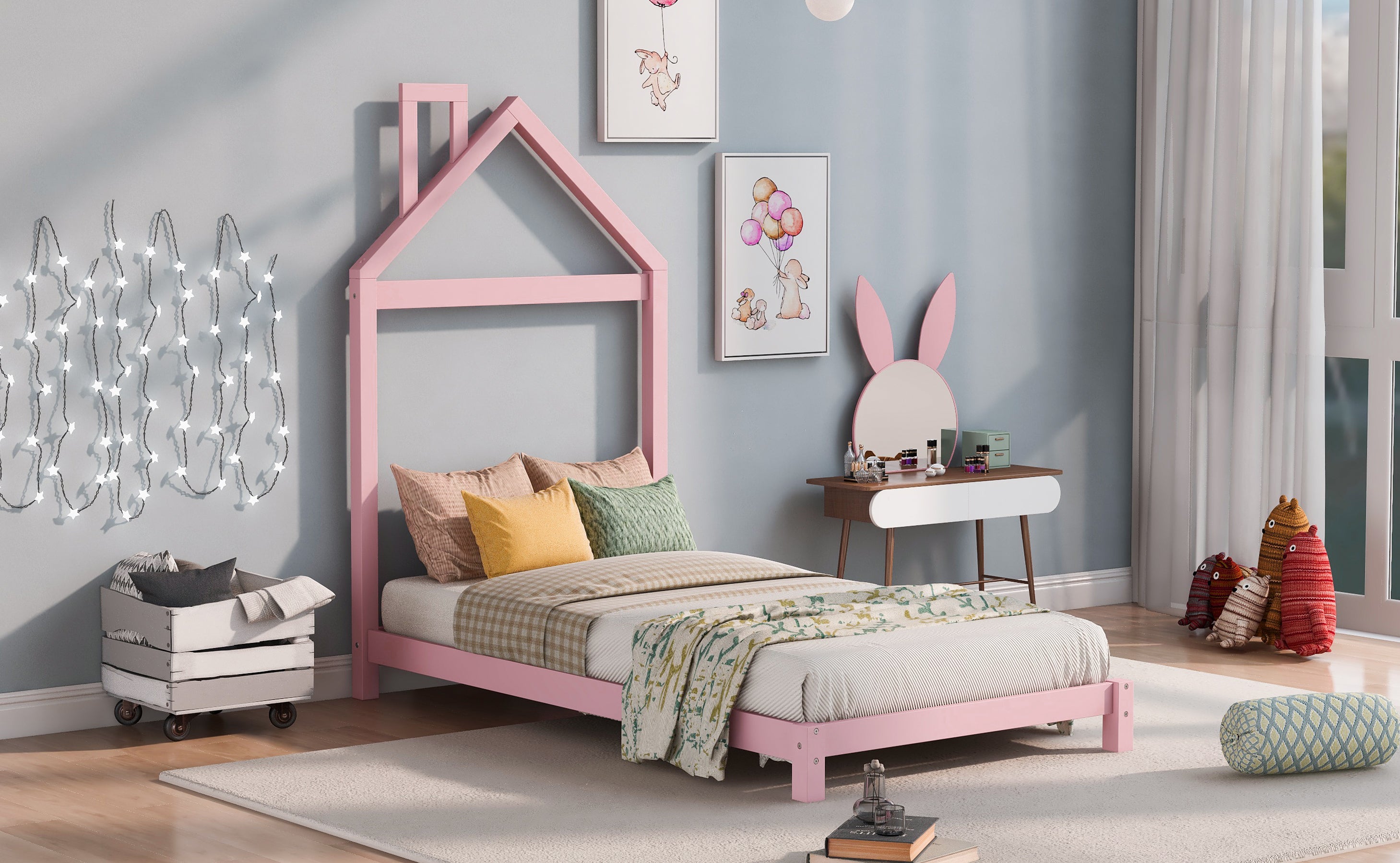 Twin Size Wood Platform Bed with House-shaped Headboard (Pink)