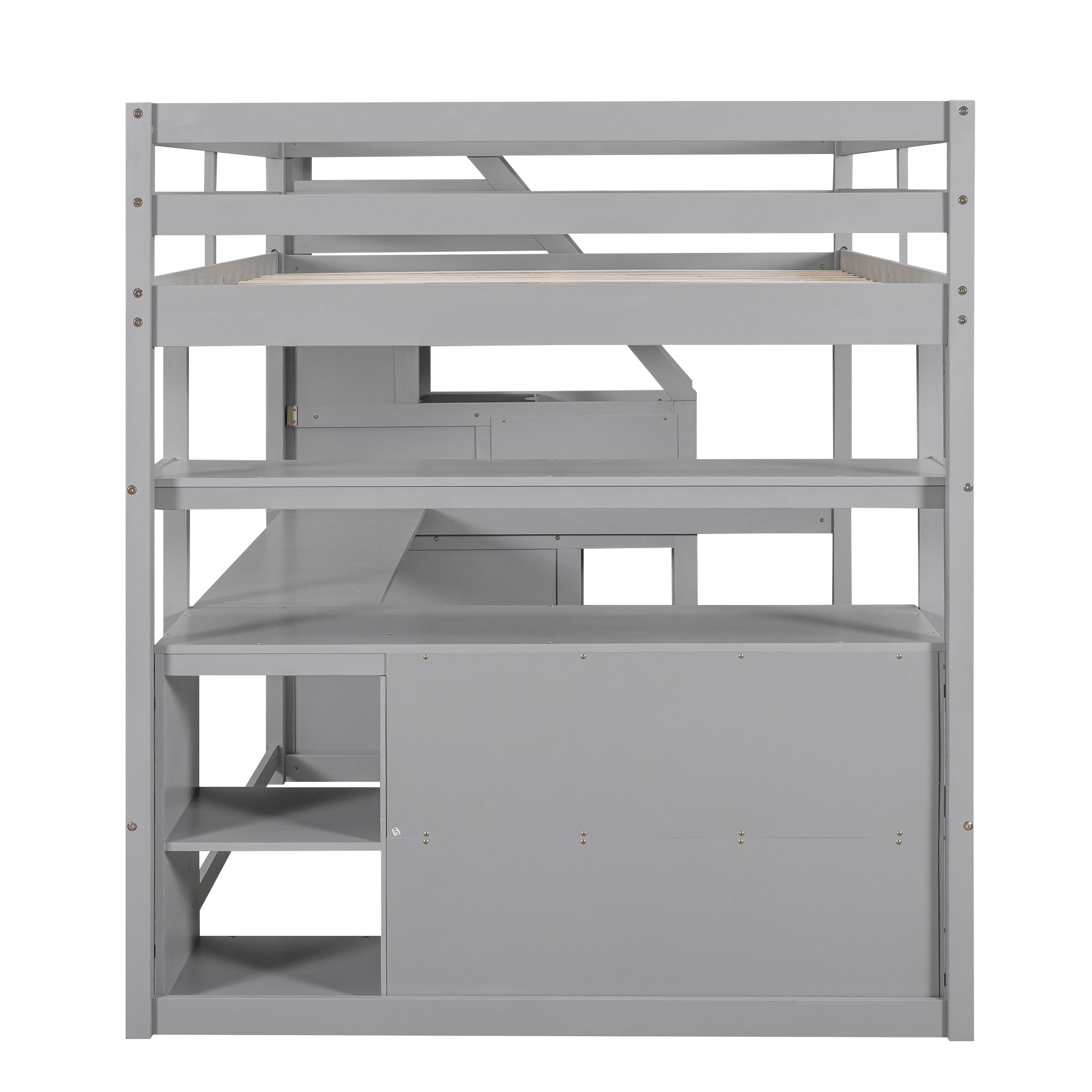 Full Size Loft Bed with Desk and Shelves, Two Built-in Drawers, Storage Staircase, Gray - Atlantic Fine Furniture Melbourne FL