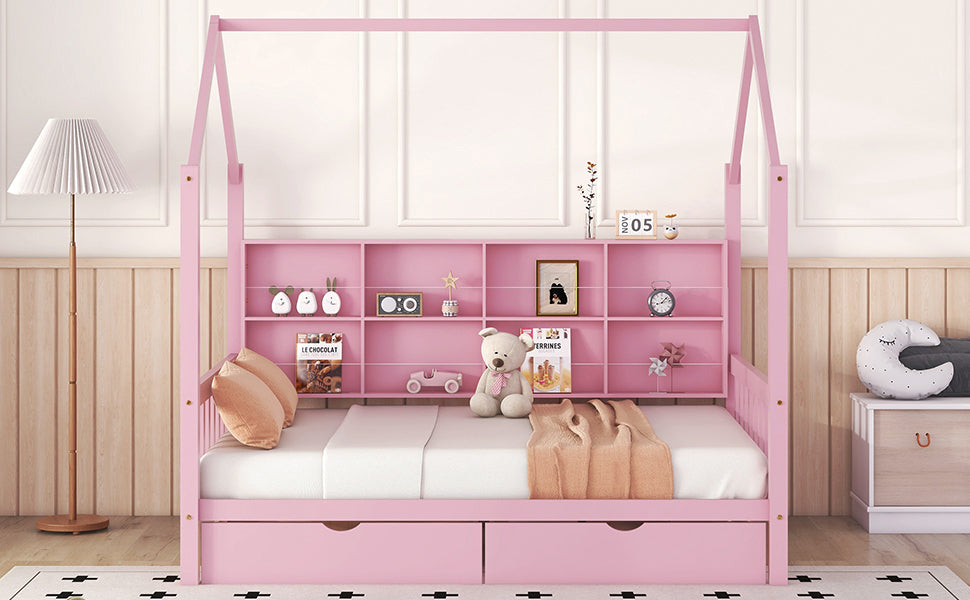 Wooden Full Size House Bed with 2 Drawers,Kids Bed with Storage Shelf, Pink - Atlantic Fine Furniture Melbourne FL