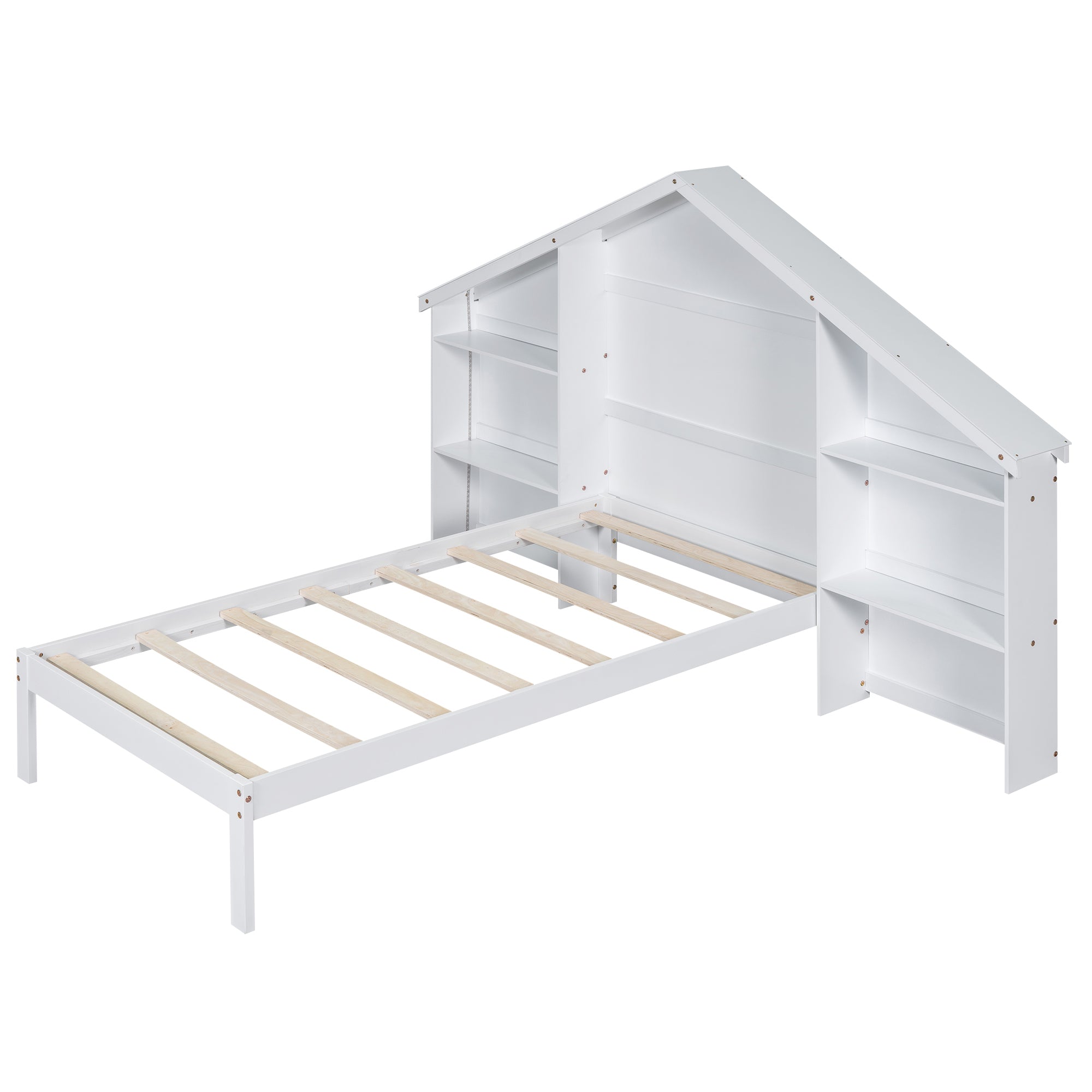 Wood Twin Size Platform Bed with House-shaped Storage Headboard and Built-in LED, White - Atlantic Fine Furniture Melbourne FL