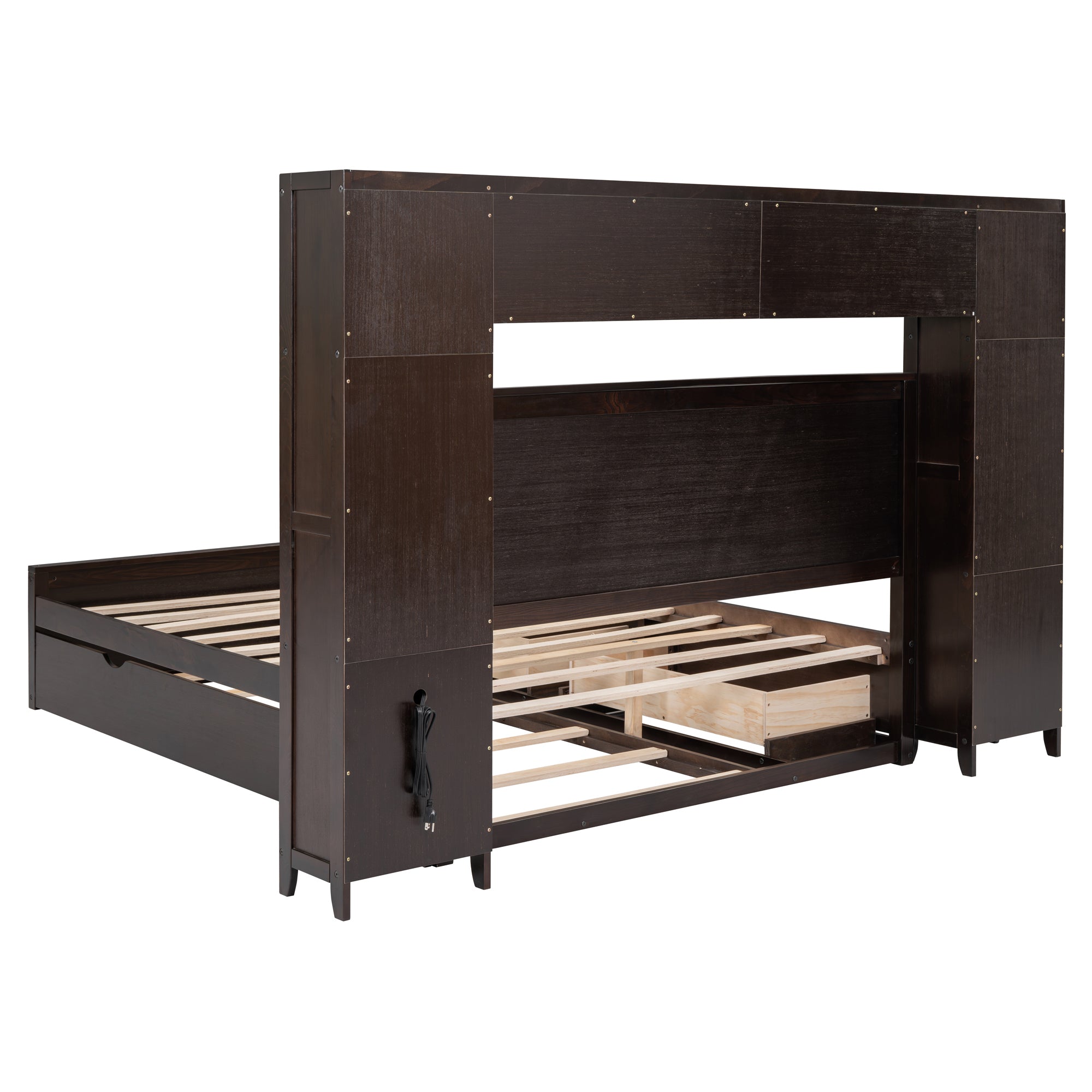 Queen Size Wooden Bed With All-in-One Cabinet, Shelf and Sockets, Espresso - Atlantic Fine Furniture Melbourne FL