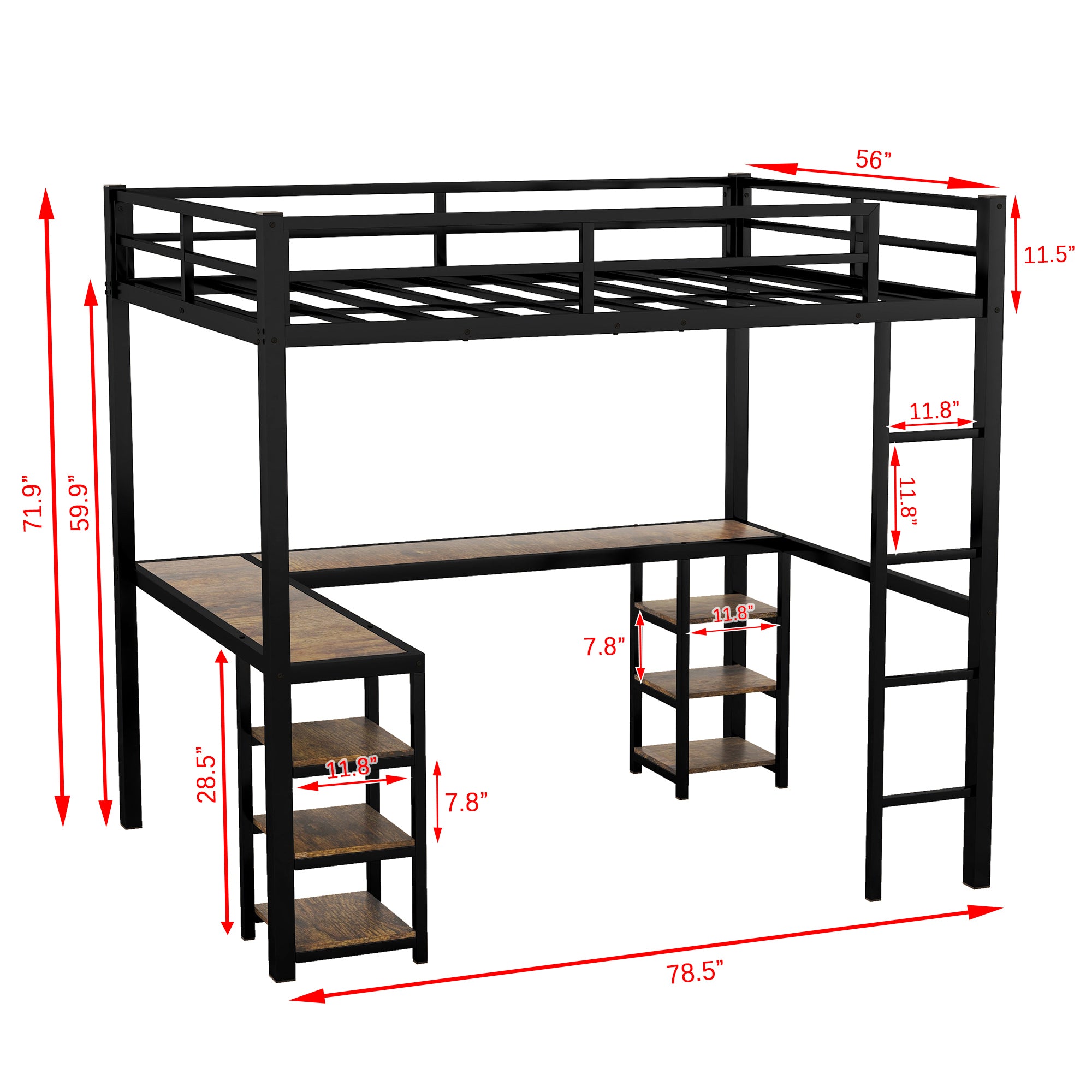 Full Metal Loft Bed with Desk and Shelves, Loft Bed with Ladder and Guardrails, Loft Bed Frame for Bedroom, Black (Old SKU: W1307S00016) (Pre-sale date: 2024/3/7.)