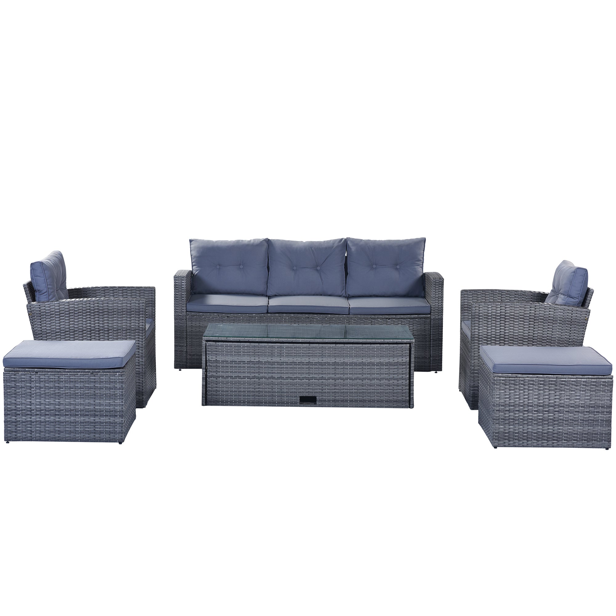 GO 6-piece All-Weather Wicker PE rattan Patio Outdoor Dining Conversation Sectional Set with coffee table, wicker sofas, ottomans, removable cushions (Dark grey wicker, Light grey cushion)