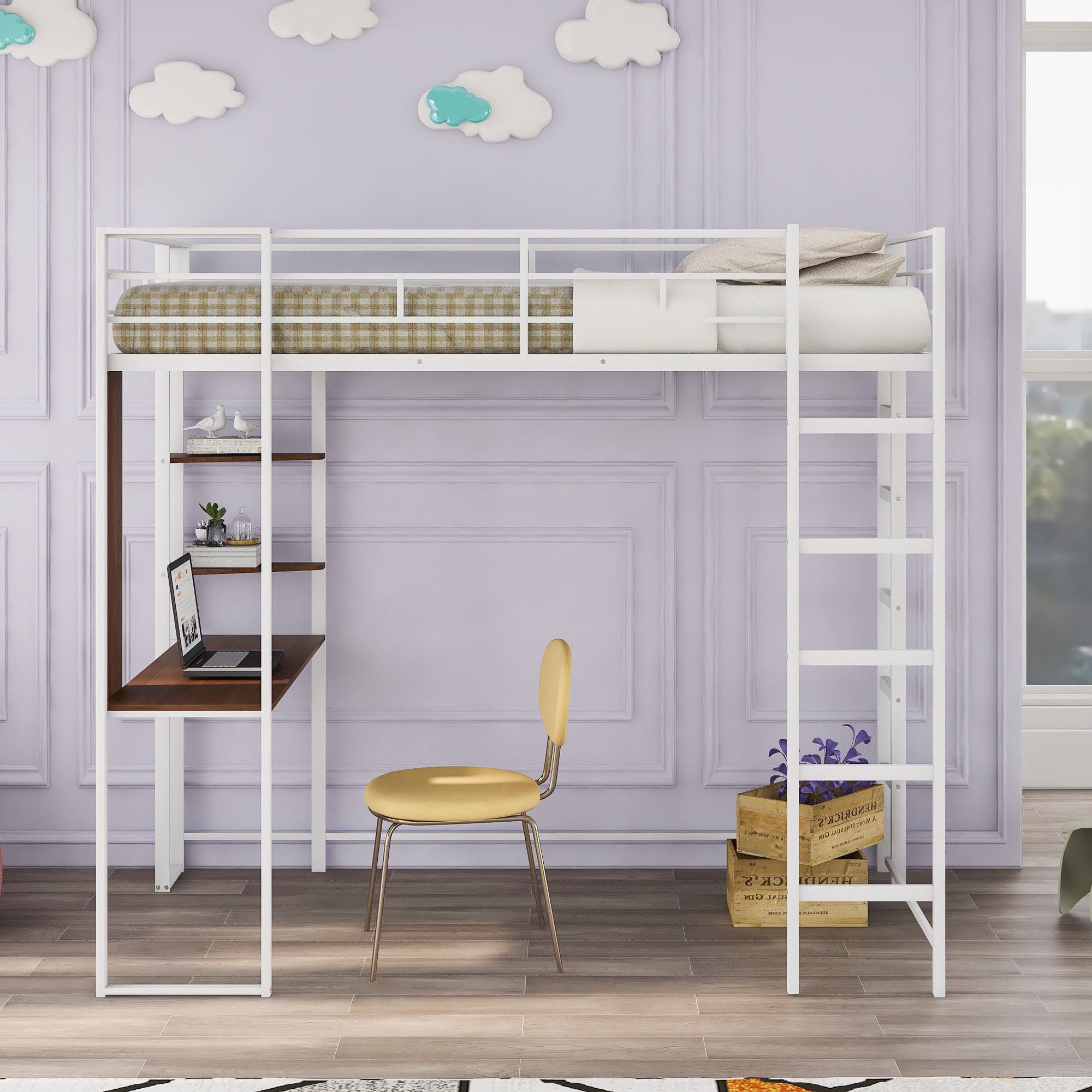Twin Metal Loft Bed with 2 Shelves and one Desk ,WHITE(Old SKU: MF281206AAK)