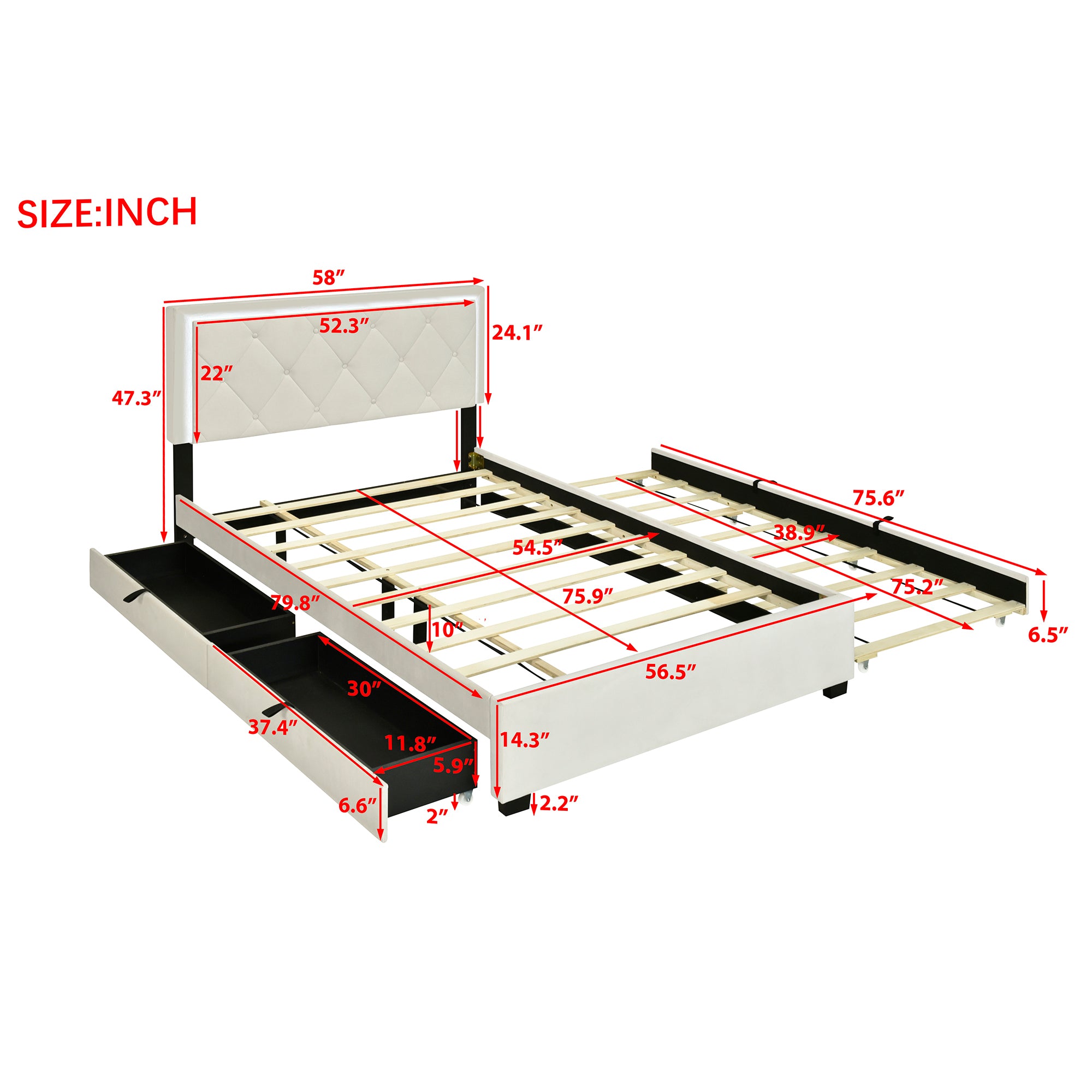 Full Size Velvet Storage Platform Bed, with 2 Big Drawers, T Size Trundle and LED Light, Beige - Atlantic Fine Furniture Melbourne FL