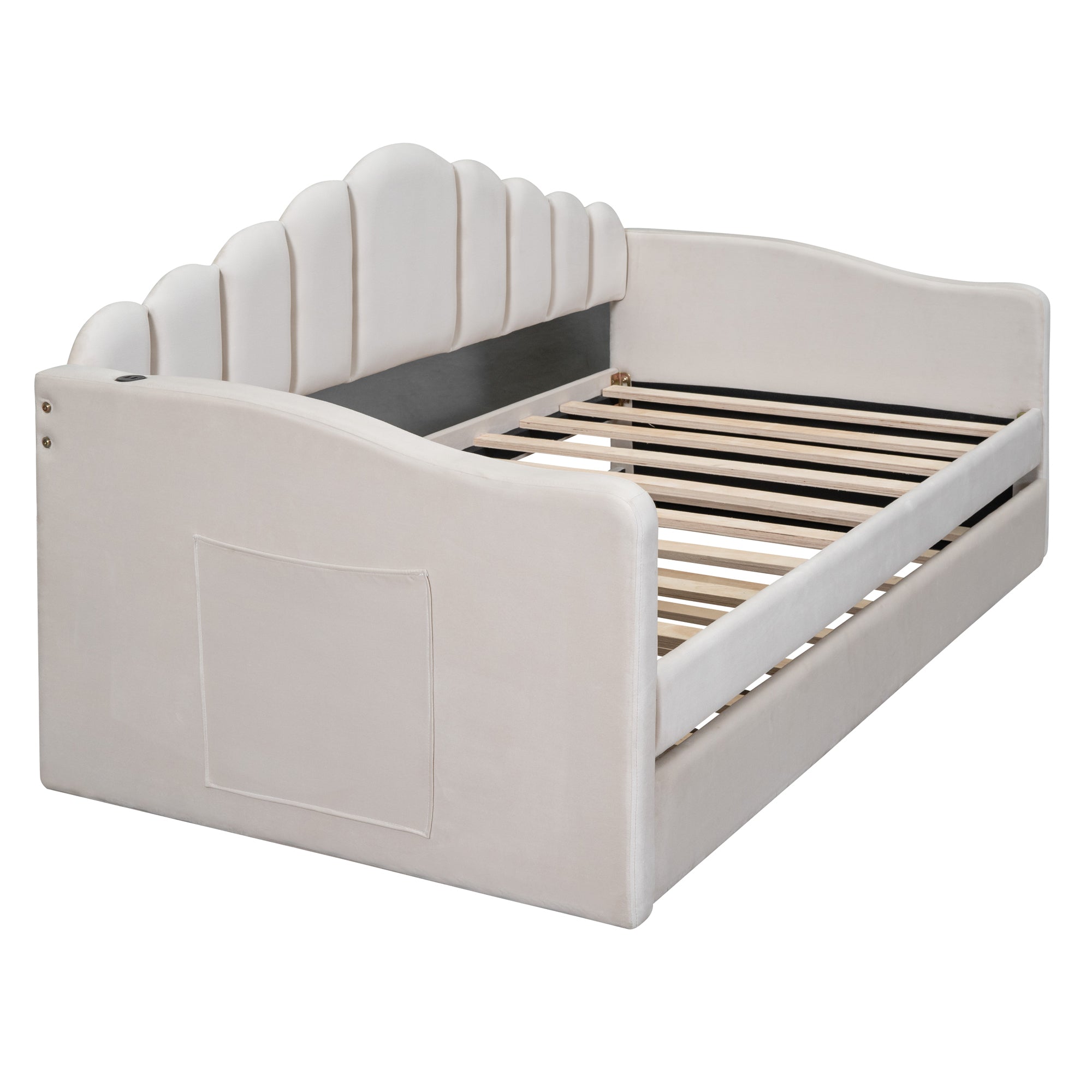 Twin size Upholstered Daybed with Trundle ,Velvet Sofabed with USB Charging Ports,No Box-spring Needed,Beige - Atlantic Fine Furniture Melbourne FL