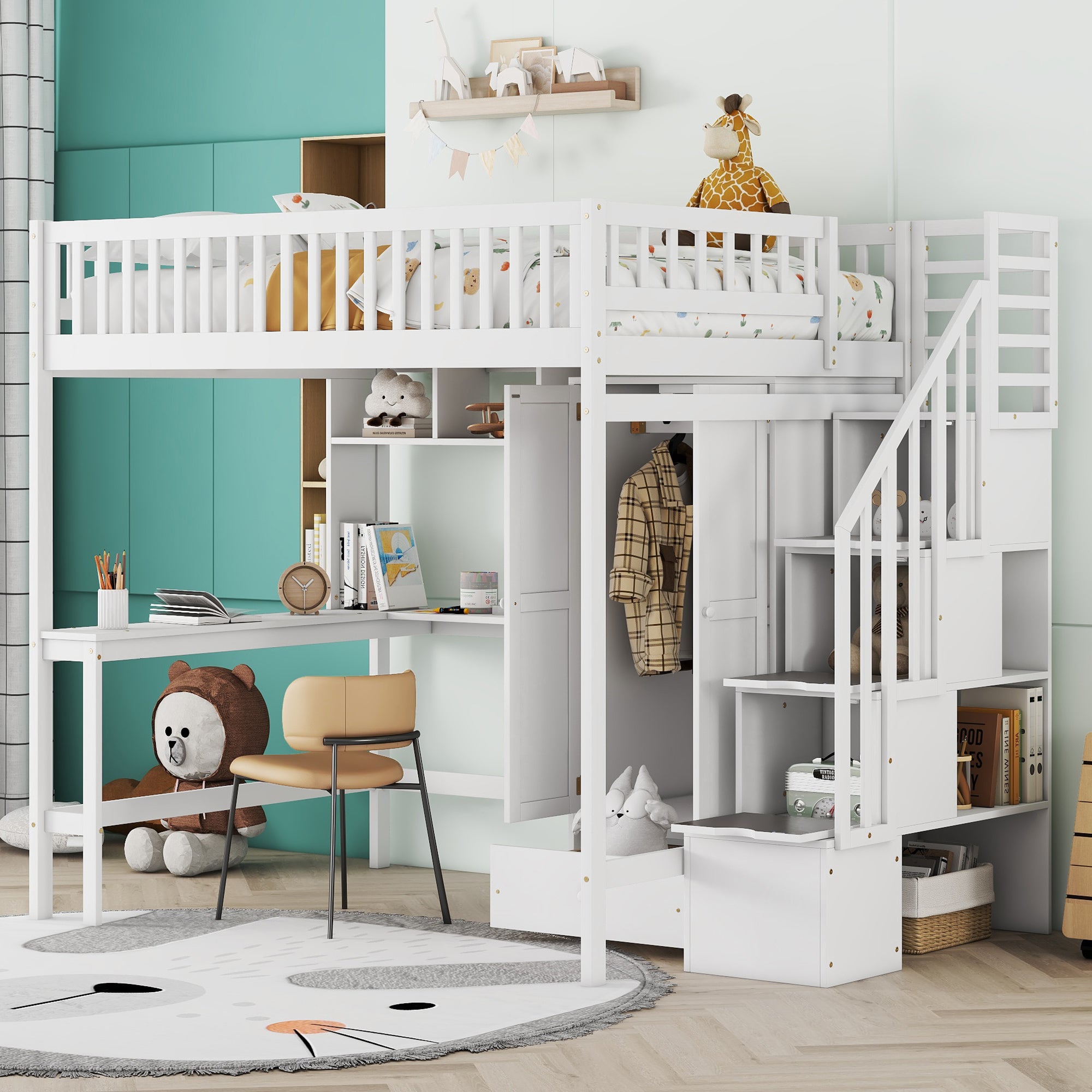 Full size Loft Bed with Bookshelf,Drawers,Desk,and Wardrobe-White - Atlantic Fine Furniture Melbourne FL