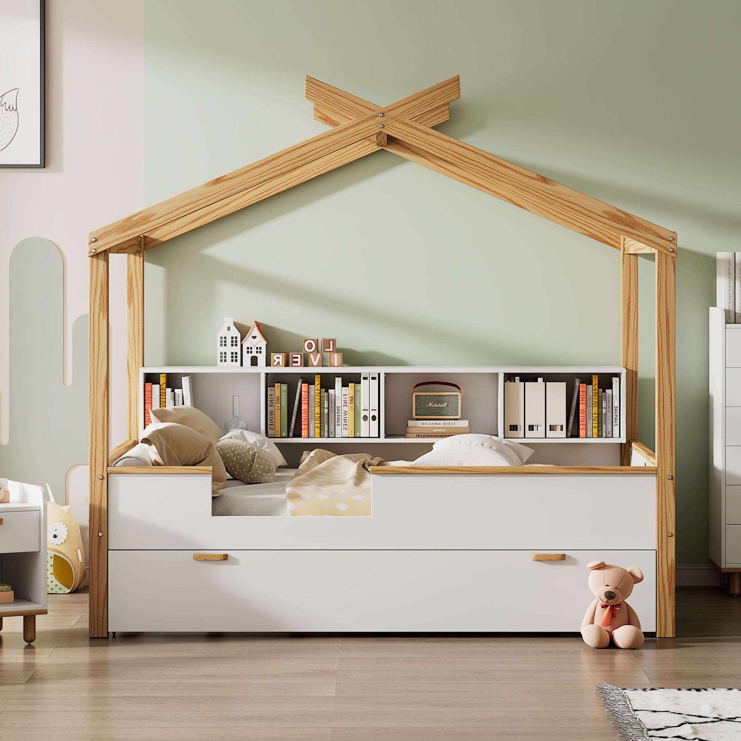 White Full Size Wooden House Bed with Original Wood Colored Frame Twin Size Trundle and Bookshelf Storage Space for Children or Guest Room - Atlantic Fine Furniture Melbourne FL