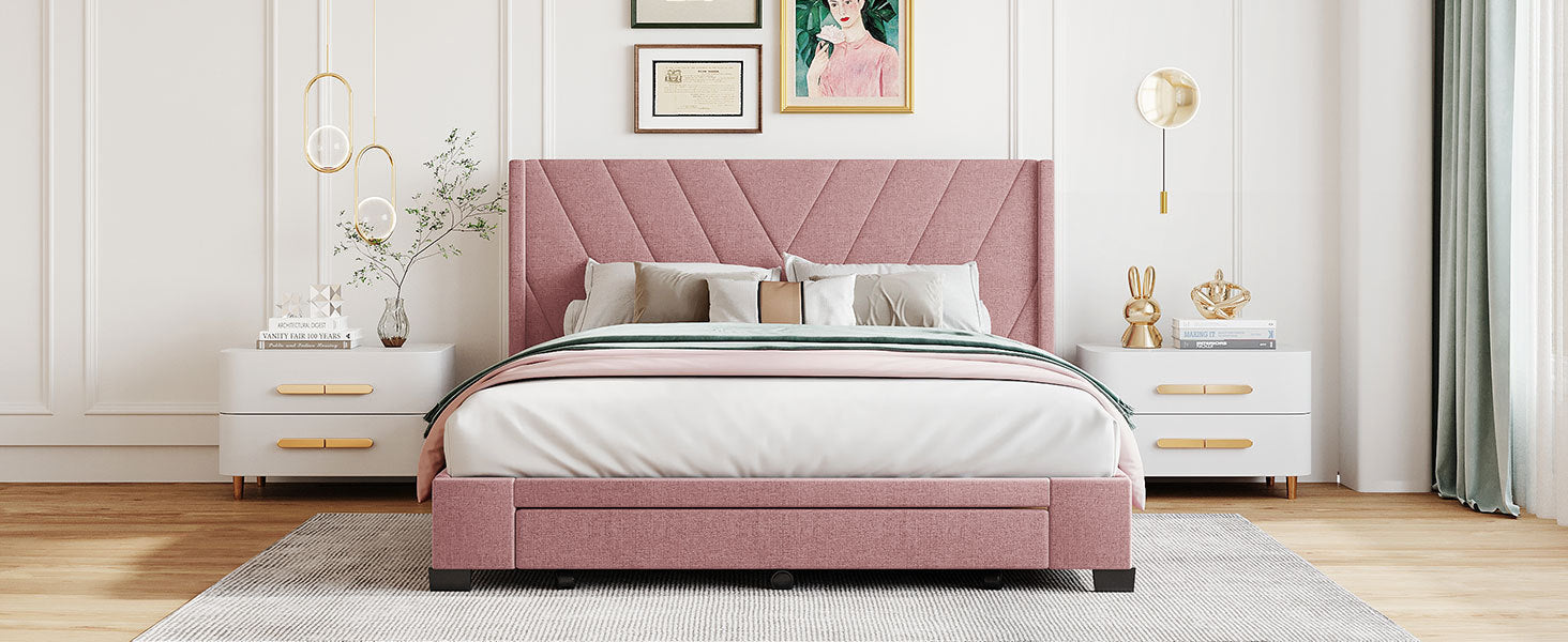 Queen Size Storage Bed Linen Upholstered Platform Bed with 3 Drawers (Pink) - Atlantic Fine Furniture Melbourne FL