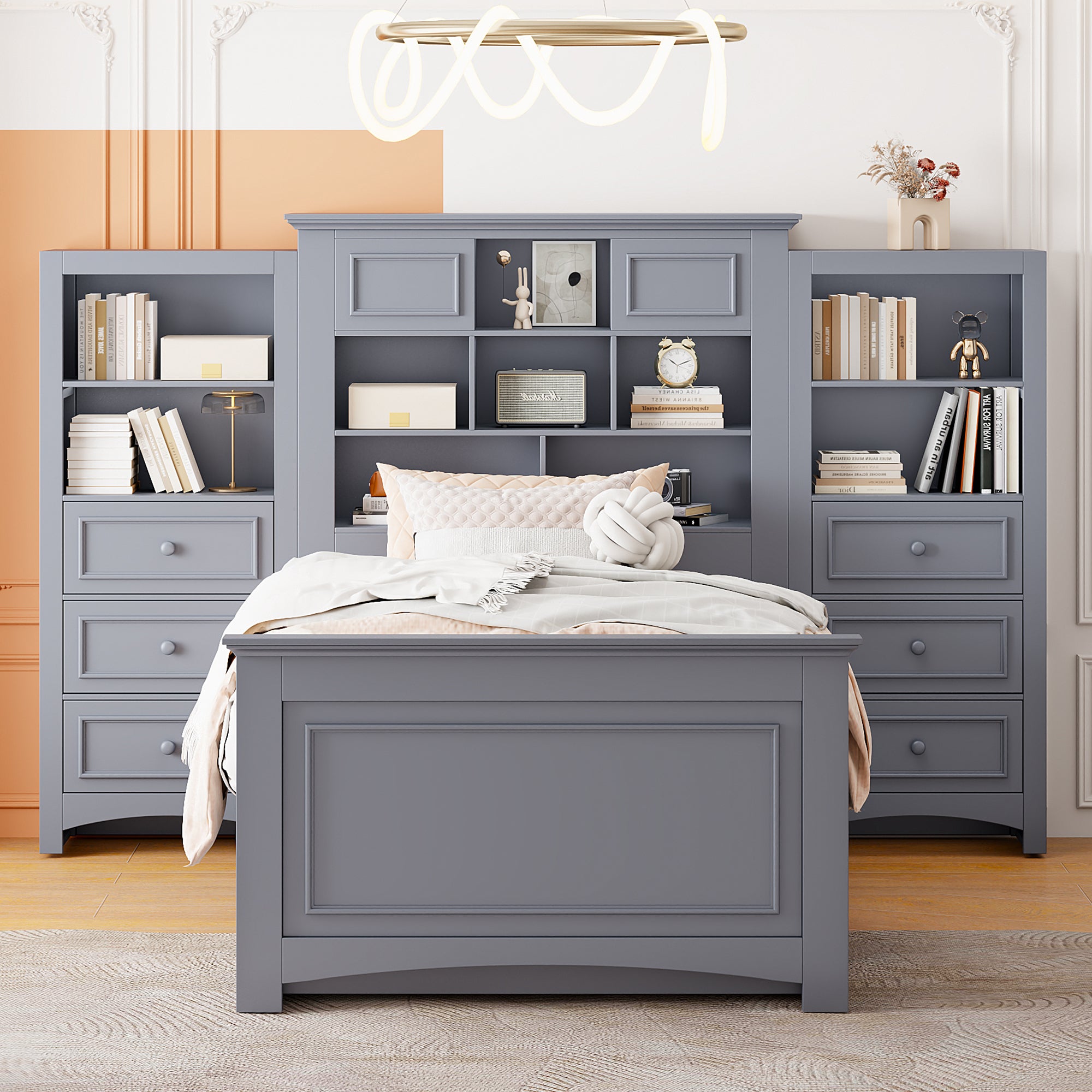 Twin Size Wood Platformbed with Vertical All-in-One Cabinet and 4 Drawers on each side, Gray - Atlantic Fine Furniture Melbourne FL