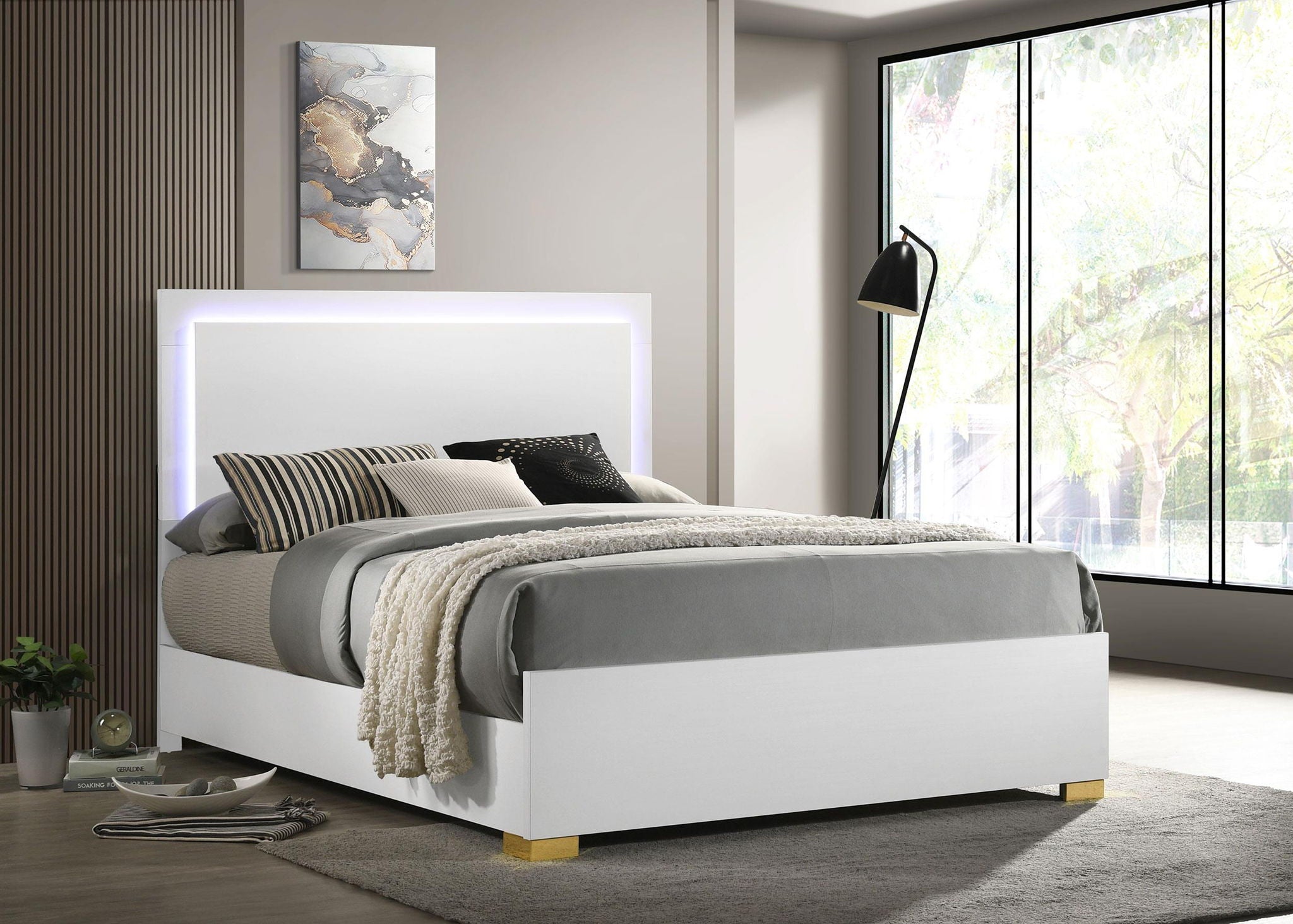 Marceline Wood Eastern King LED Panel Bed White