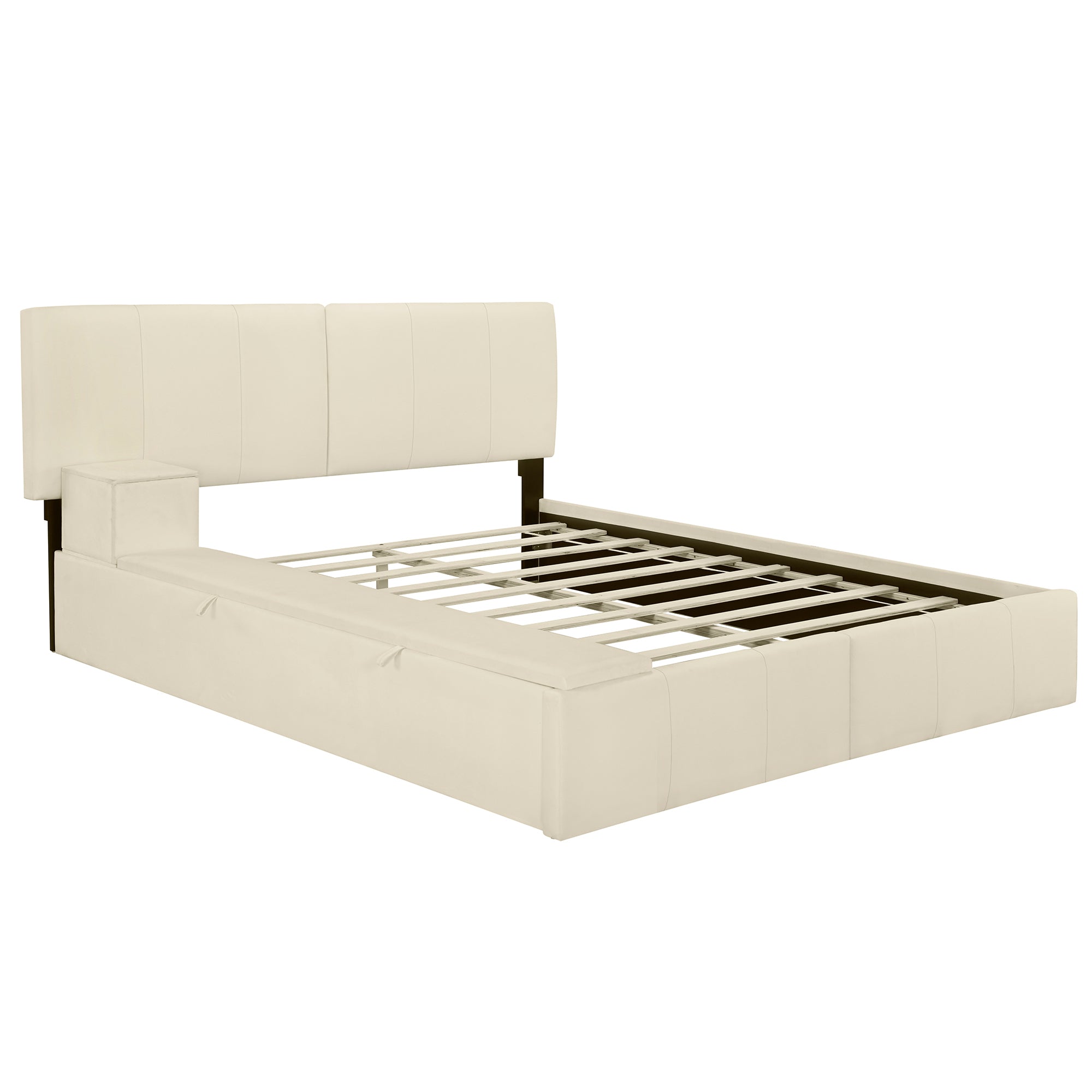 Queen Size Upholstered Platform Bed with Lateral Storage Compartments and Thick Fabric, Velvet, Beige - Atlantic Fine Furniture Melbourne FL