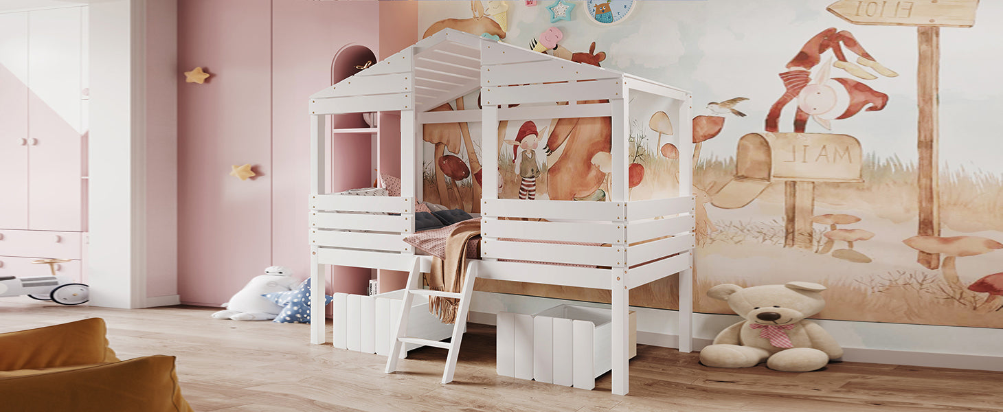 Twin Size Low Loft Wood House Bed with Two Drawers, White - Atlantic Fine Furniture Melbourne FL