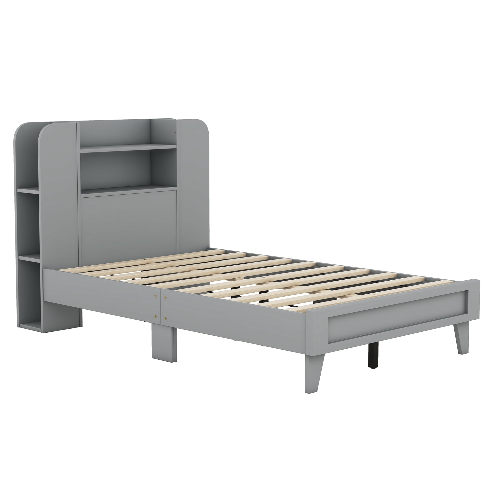 Twin Size Platform Bed with Storage Headboard,Multiple Storage Shelves on Both Sides,Grey - Atlantic Fine Furniture Melbourne FL