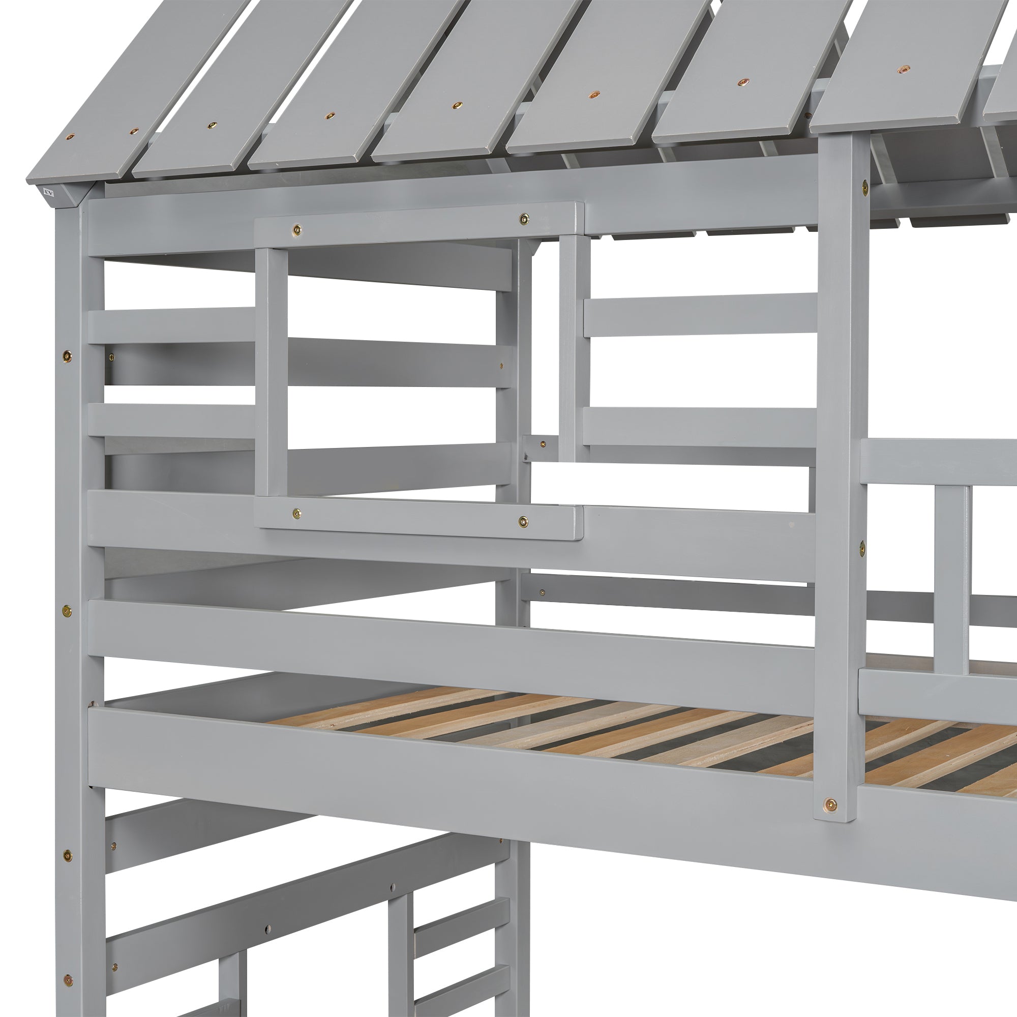 Twin over Twin House Bunk Bed with Trundle and Slide, Storage Staircase, Roof and Window Design, Gray(Old SKU: GX000931AAE) - Atlantic Fine Furniture Melbourne FL