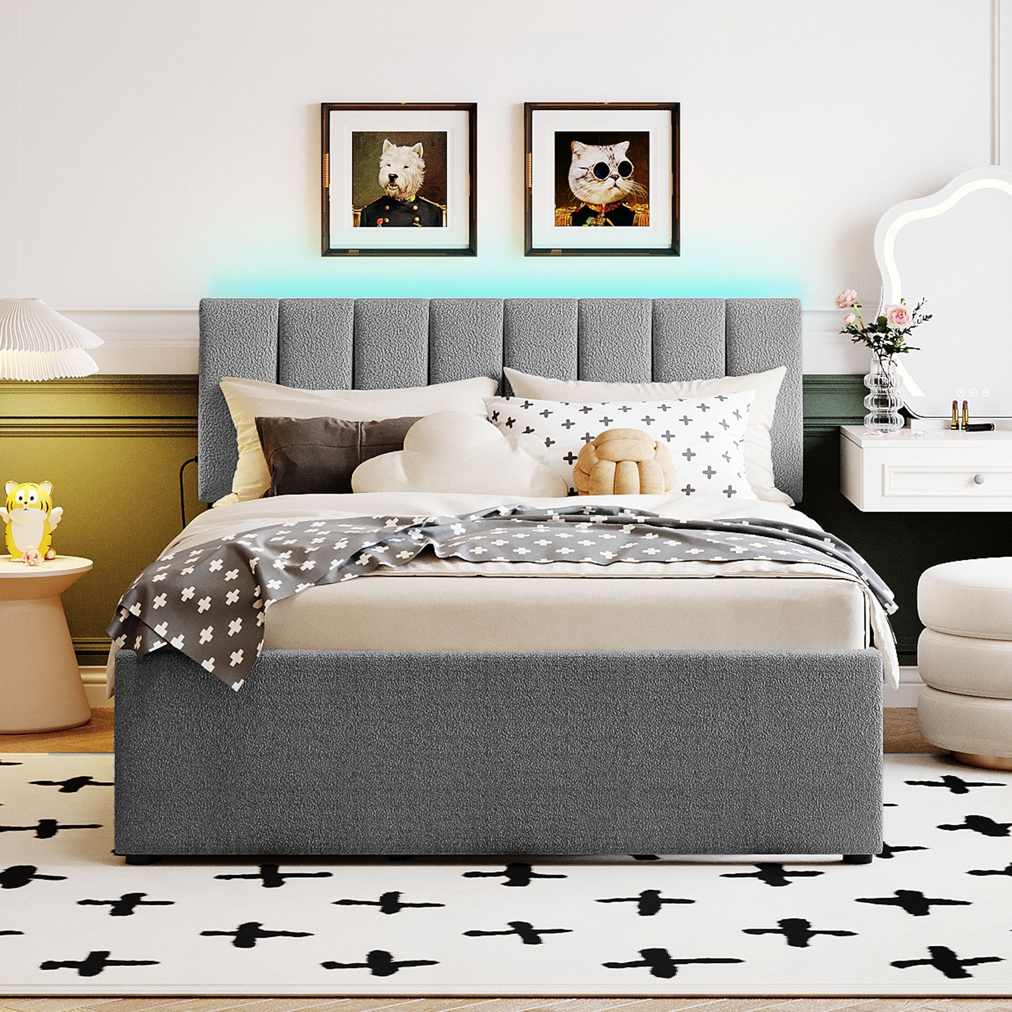 Teddy Fleece Full Size Upholstered Platform Bed with Trundle, Gray - Atlantic Fine Furniture Melbourne FL