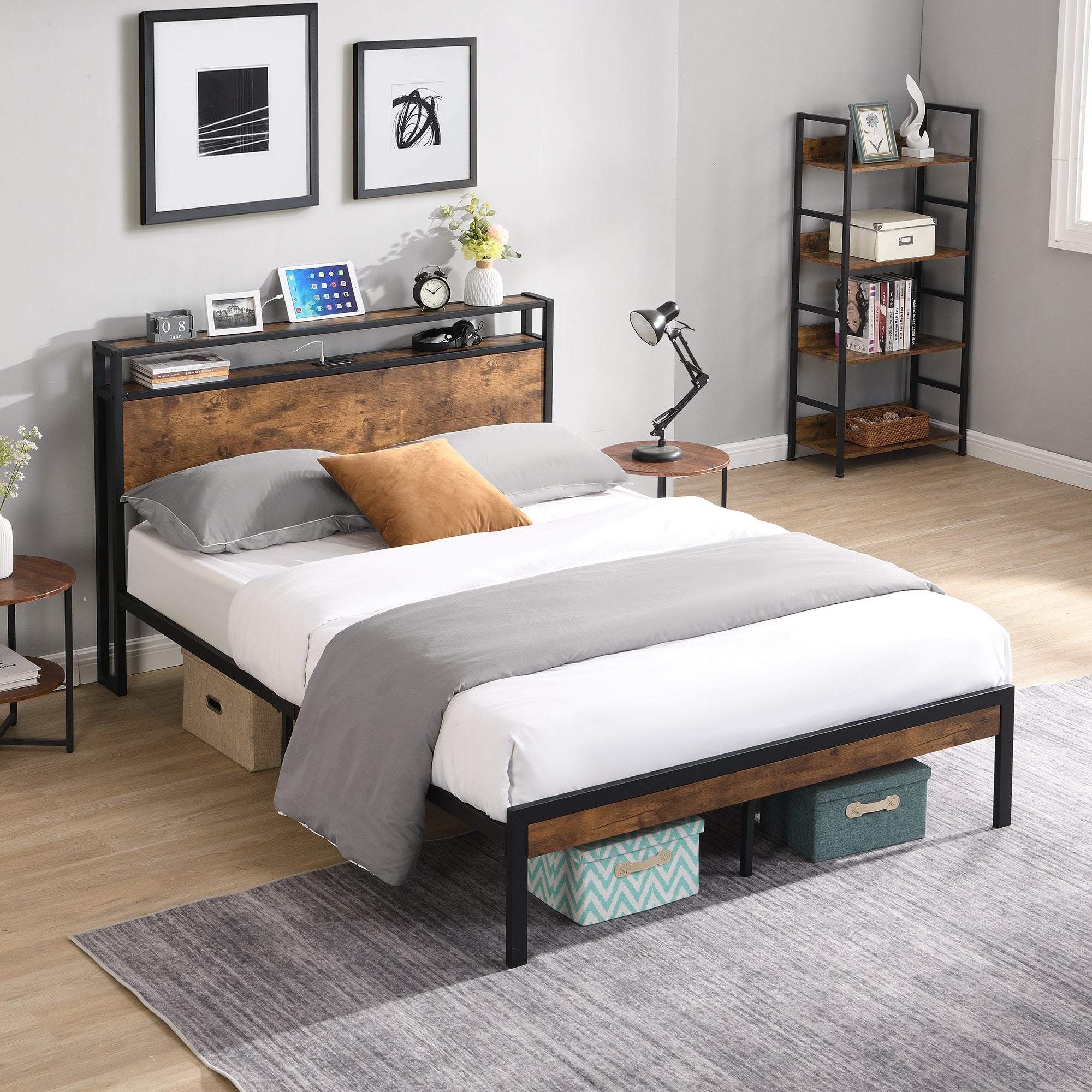 Full Size Metal Platform Bed Frame with Wooden Headboard and Footboard with USB LINER, No Box Spring Needed, Large Under Bed Storage, Easy Assemble - Atlantic Fine Furniture Melbourne FL