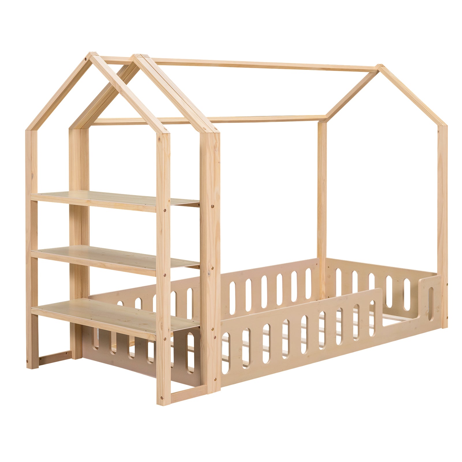 Twin Size Wood House Bed with Fence and Detachable Storage Shelves, Natural - Atlantic Fine Furniture Melbourne FL